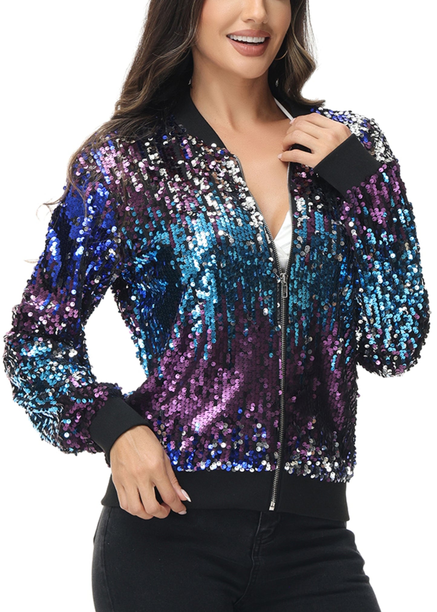 Sequin Bomber Zip-Up Jacket