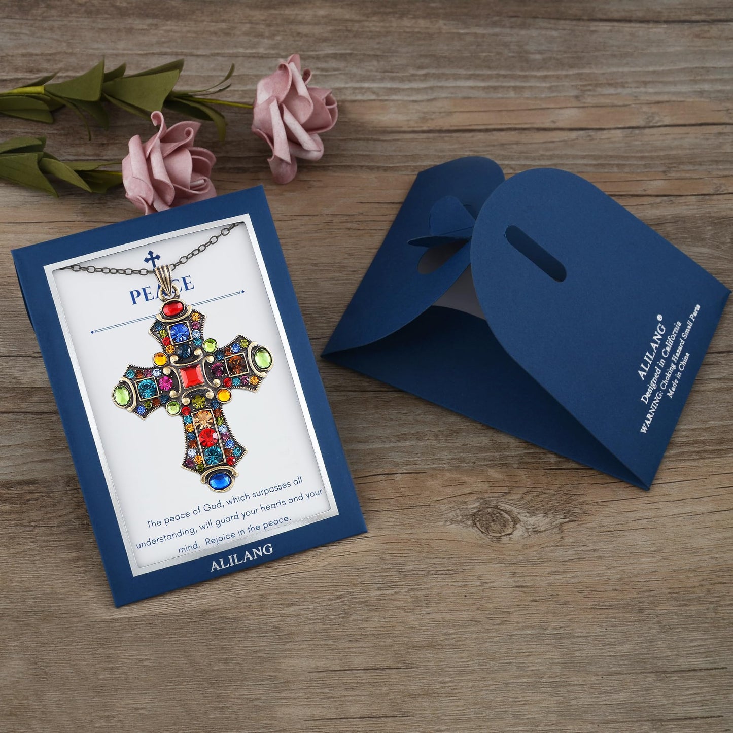 Alilang Colorful Stained Glass Rhinestone Cross Pendant Necklace with Religious Gift Message Card & Envelope Christian Jewelry Gifts