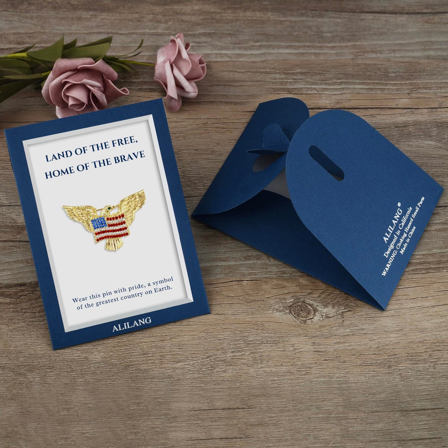 Alilang Golden Tone Bald Eagle American Flag Brooch Pin with Patriotic Gift Message Card & Envelope Jewelry Gifts