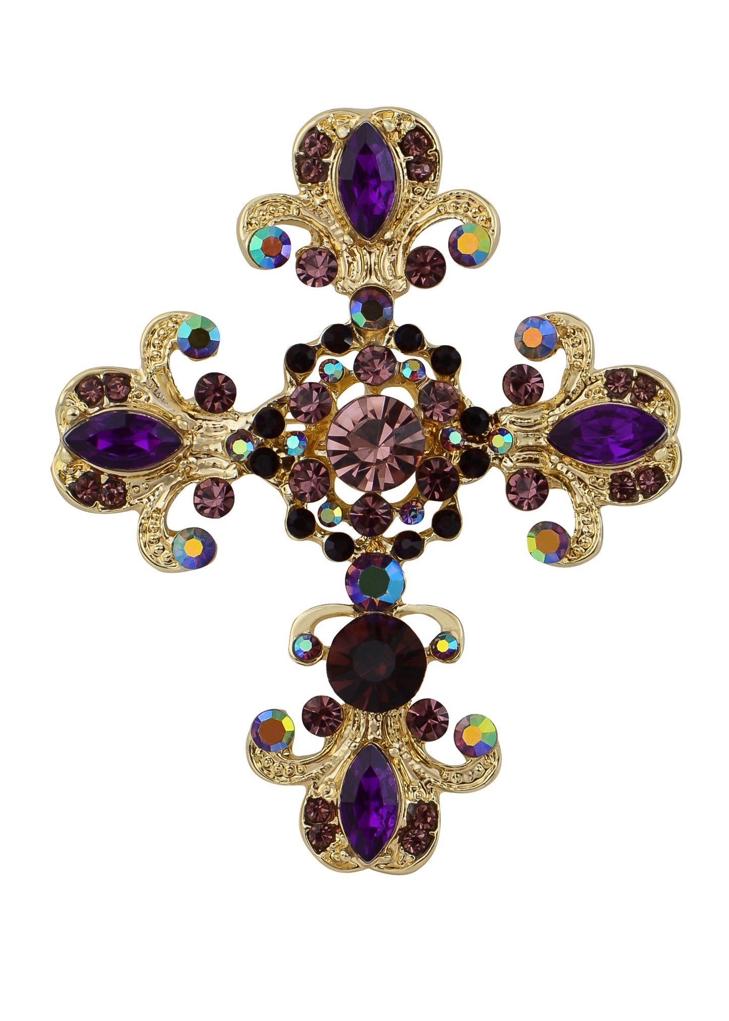Victorian Flourish Flower God Cross Pin Brooch Purple