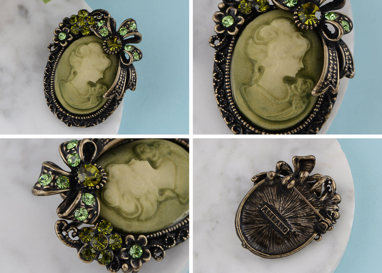 Vintage Victorian Lady Cameo Brooch Pin Maiden Flower Ribbon Bow Pendant