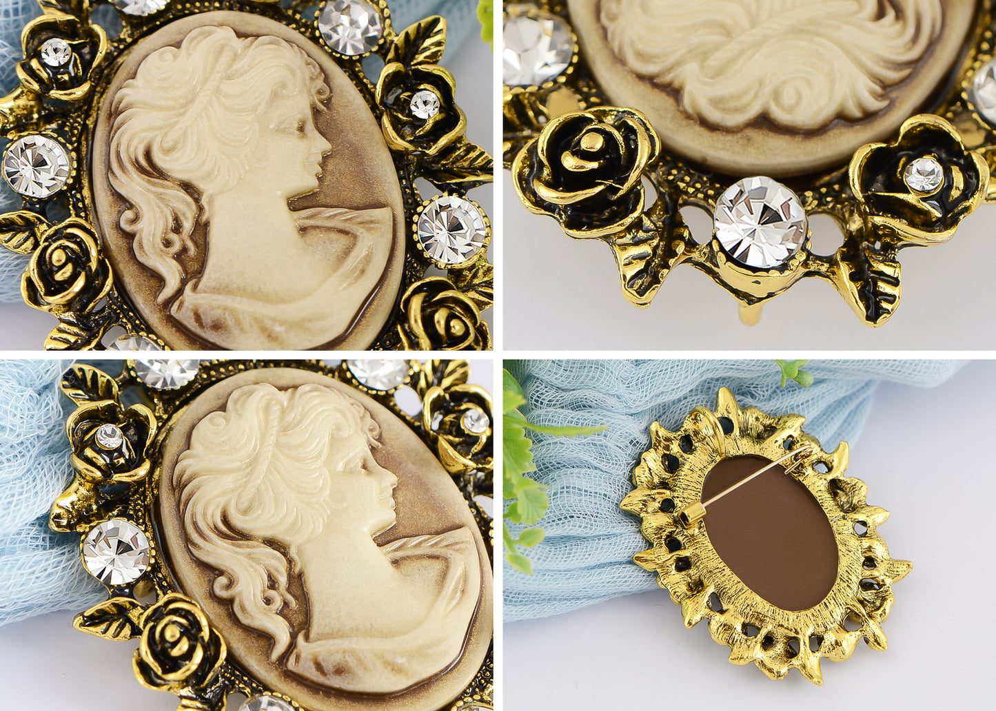 Vintage Victorian Lady Cameo Brooch Pin Maiden Flower Ribbon Bow Pendant