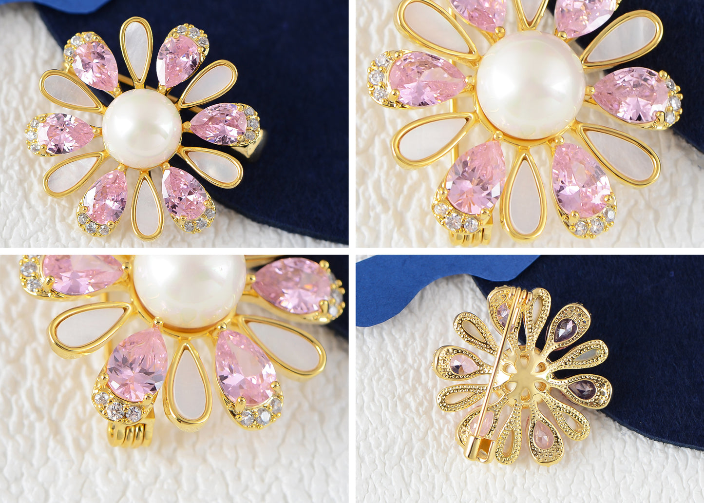 Alilang Women'S Zircon Shell Daisy Flower Pearl Enamel Brooch Pins For Girl Bridal Wedding Corsage Jewelry Gifts