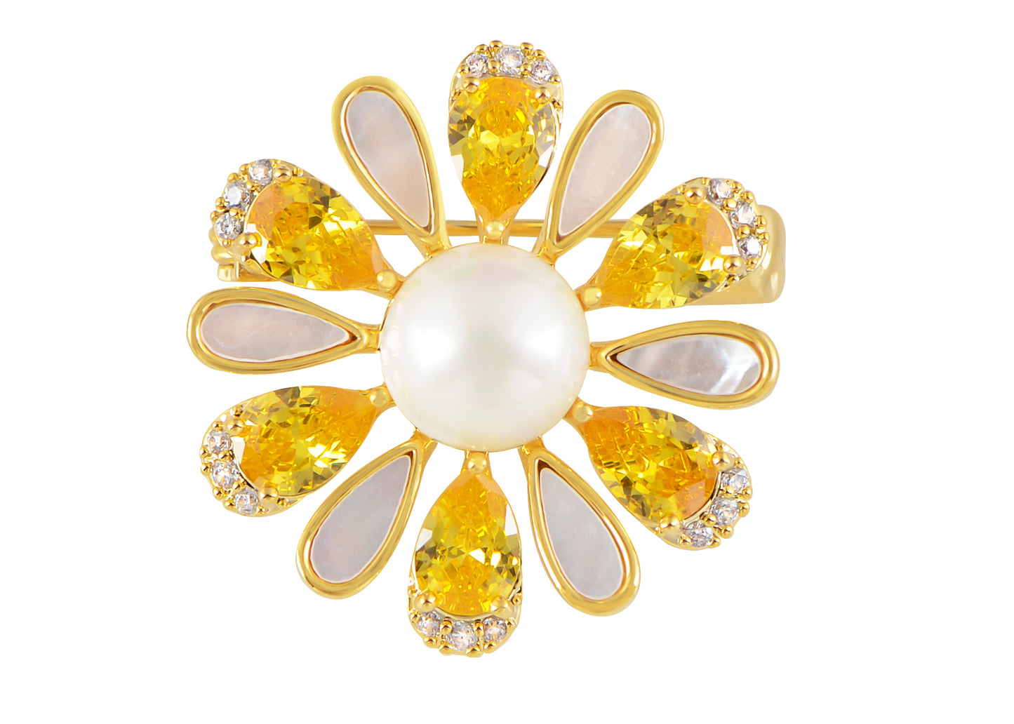 Alilang Women'S Zircon Shell Daisy Flower Pearl Enamel Brooch Pins For Girl Bridal Wedding Corsage Jewelry Gifts