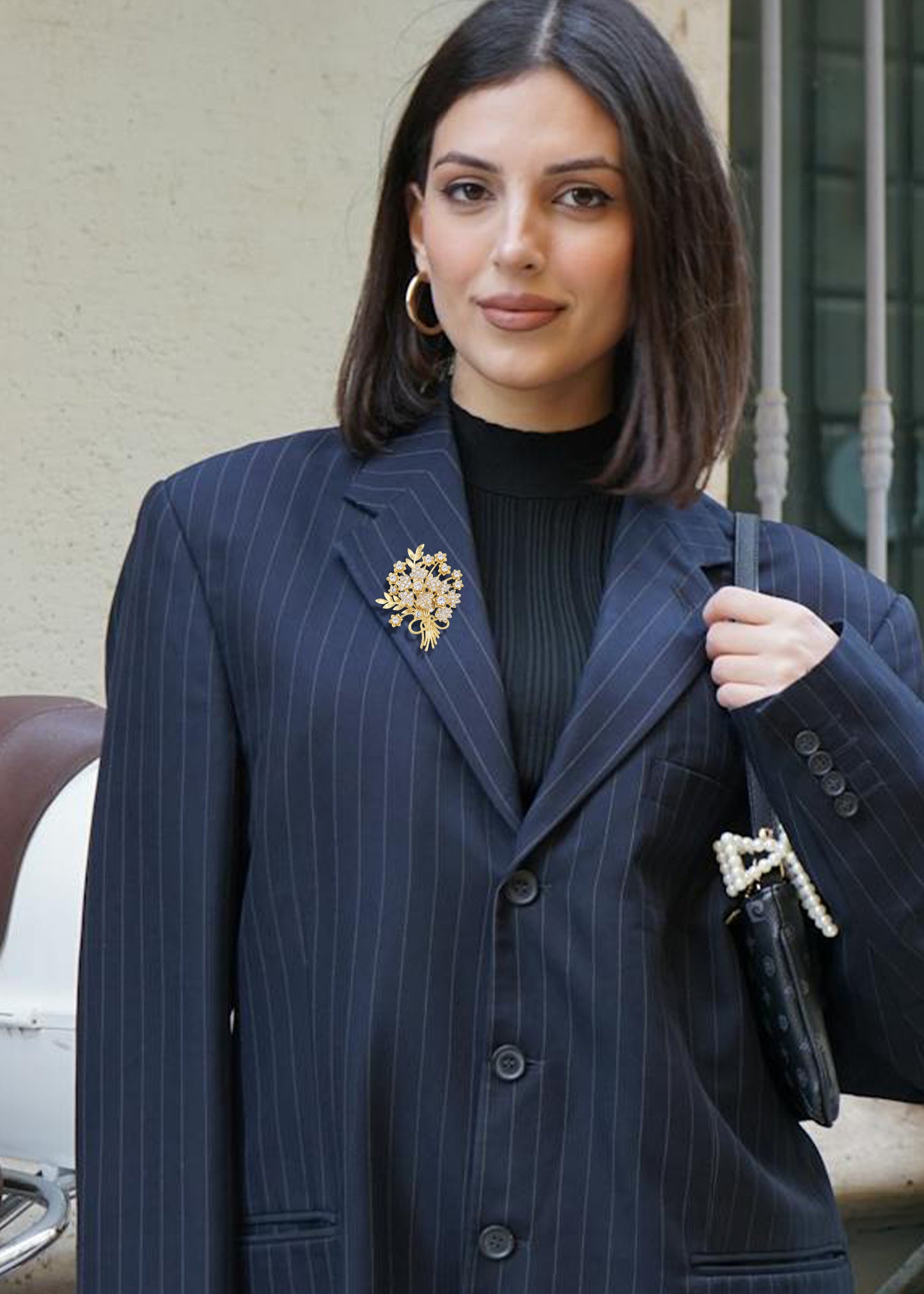 Aliang Women Gold Tone Floral Bouquet Brooch with Clear Rhinestone Textured Leaf and Bow Details