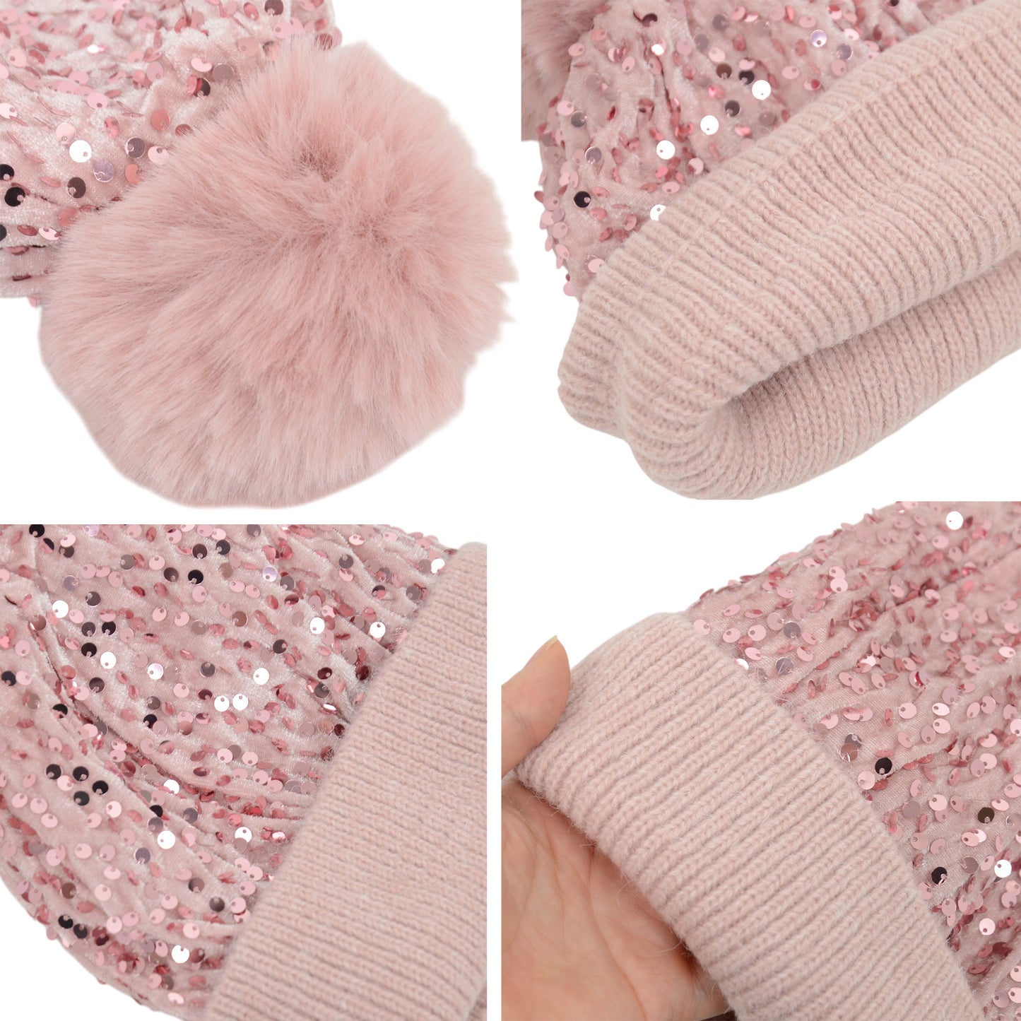 Sparkly Sequin Beanie Hat with Faux Fur Pom Pom Knit Skull Cap for Women
