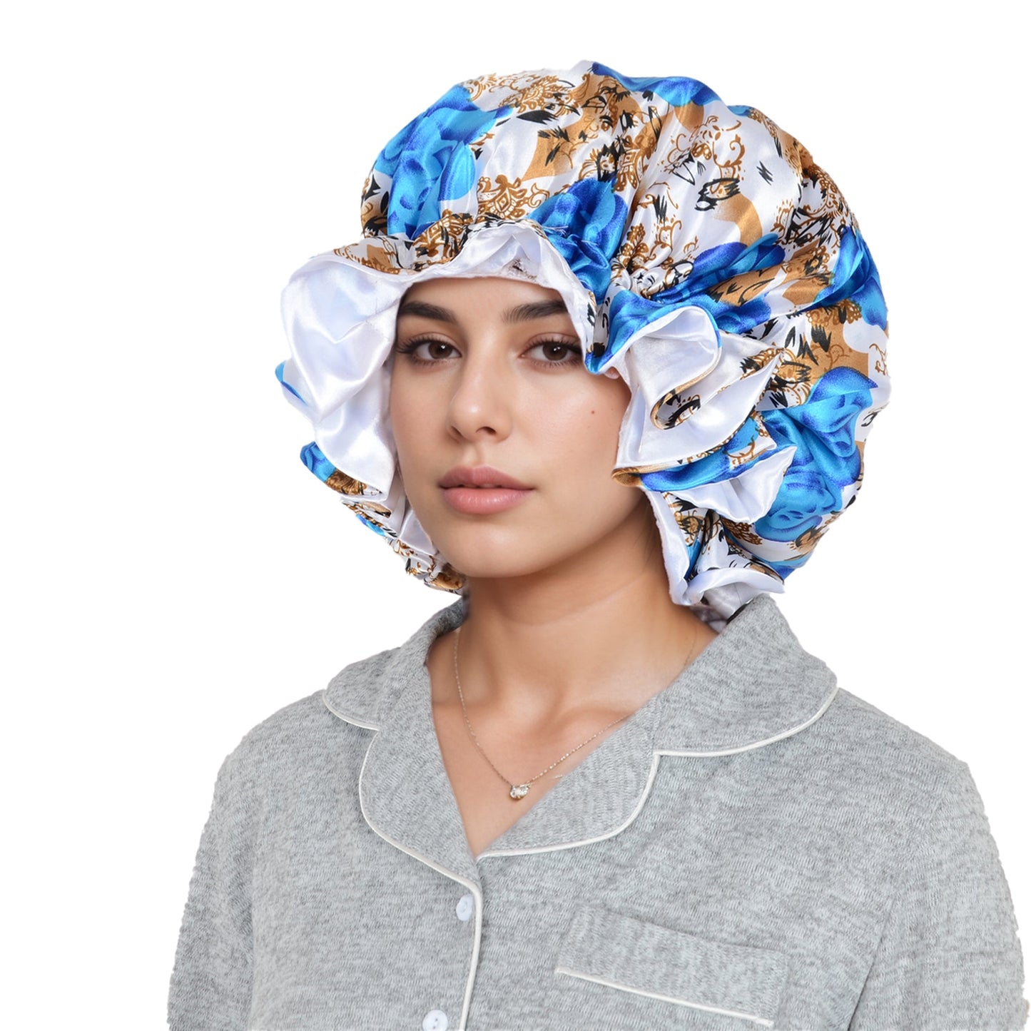 Anna-Kaci Satin Lined Print Bonnet Large Ruffled Edge Adjustable Sleep Cap for Natural Hair Protection