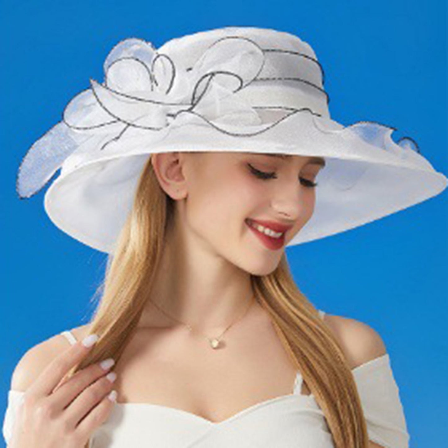 Anna-Kaci Women's Wide Brim Organza Dress Hat with Sheer Ribbon Floral Design for Formal Events and Sun Protection