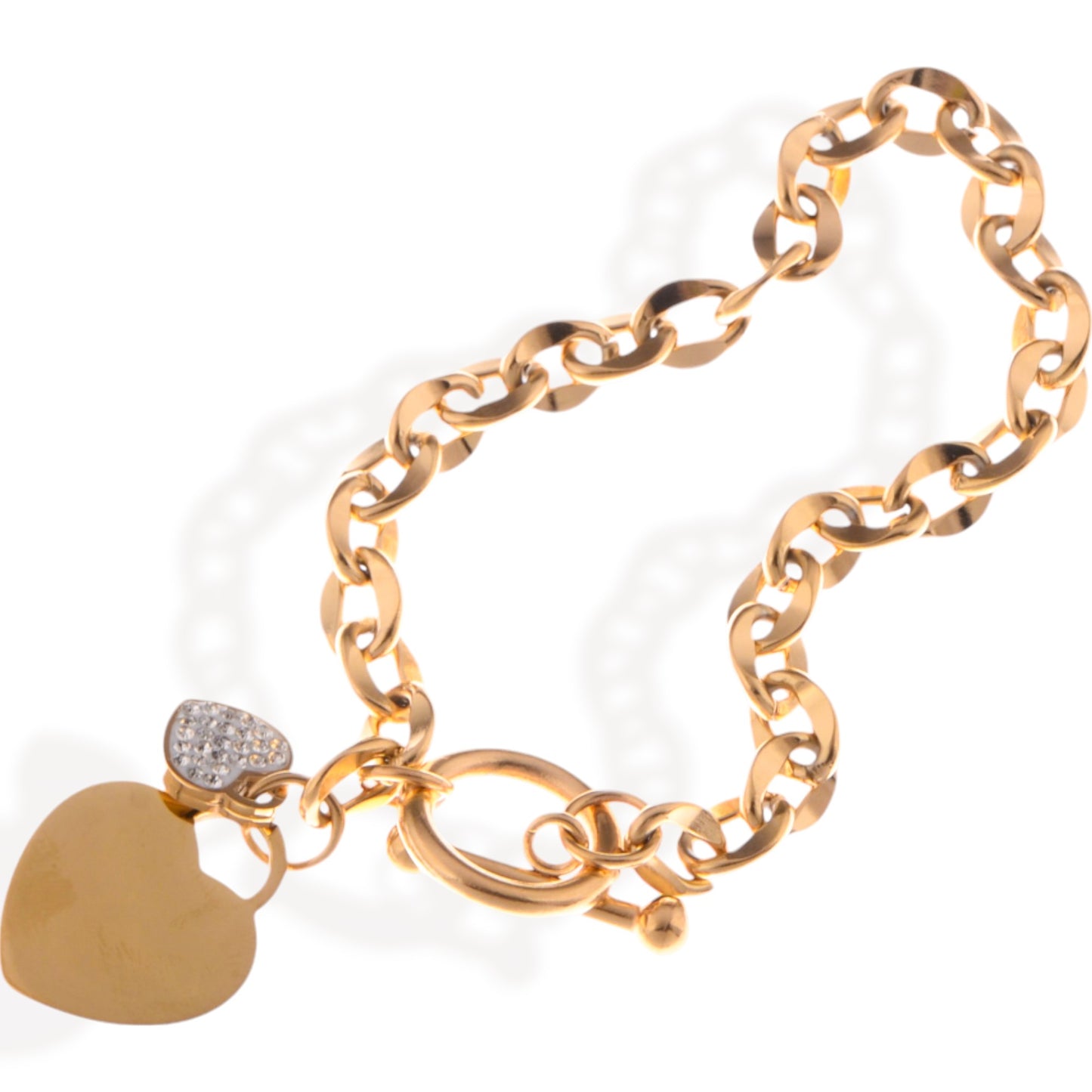 Alilang Gold Tone Chain Bracelet with Double Heart Charms and Toggle Clasp