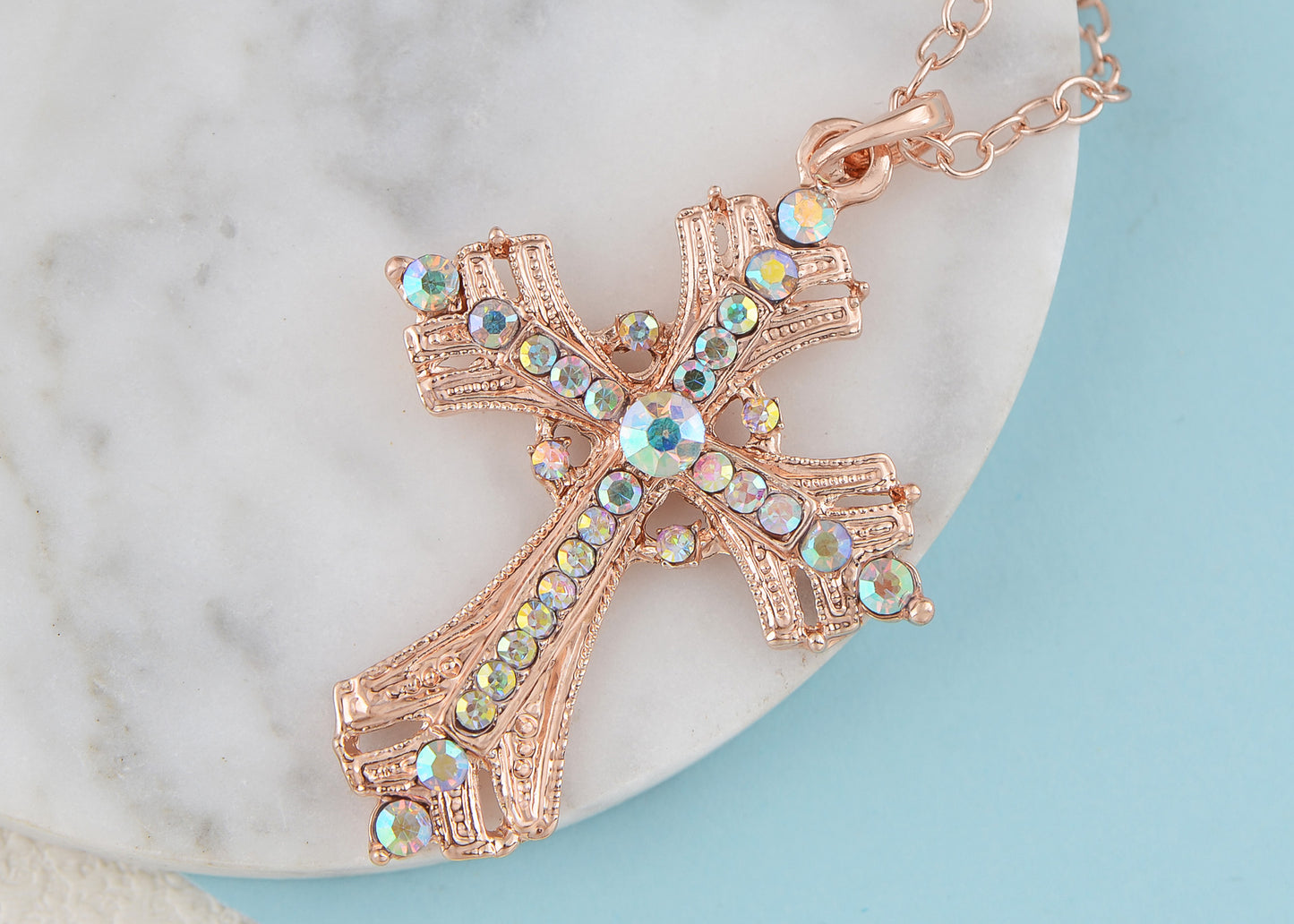 Religious Cross Pendant Necklace Aquamarine