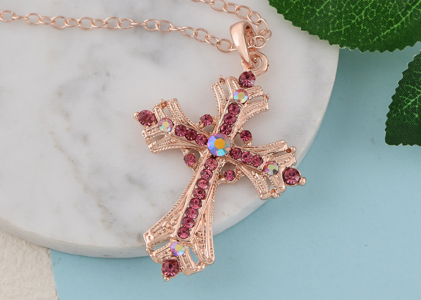 Religious Cross Pendant Necklace Aquamarine