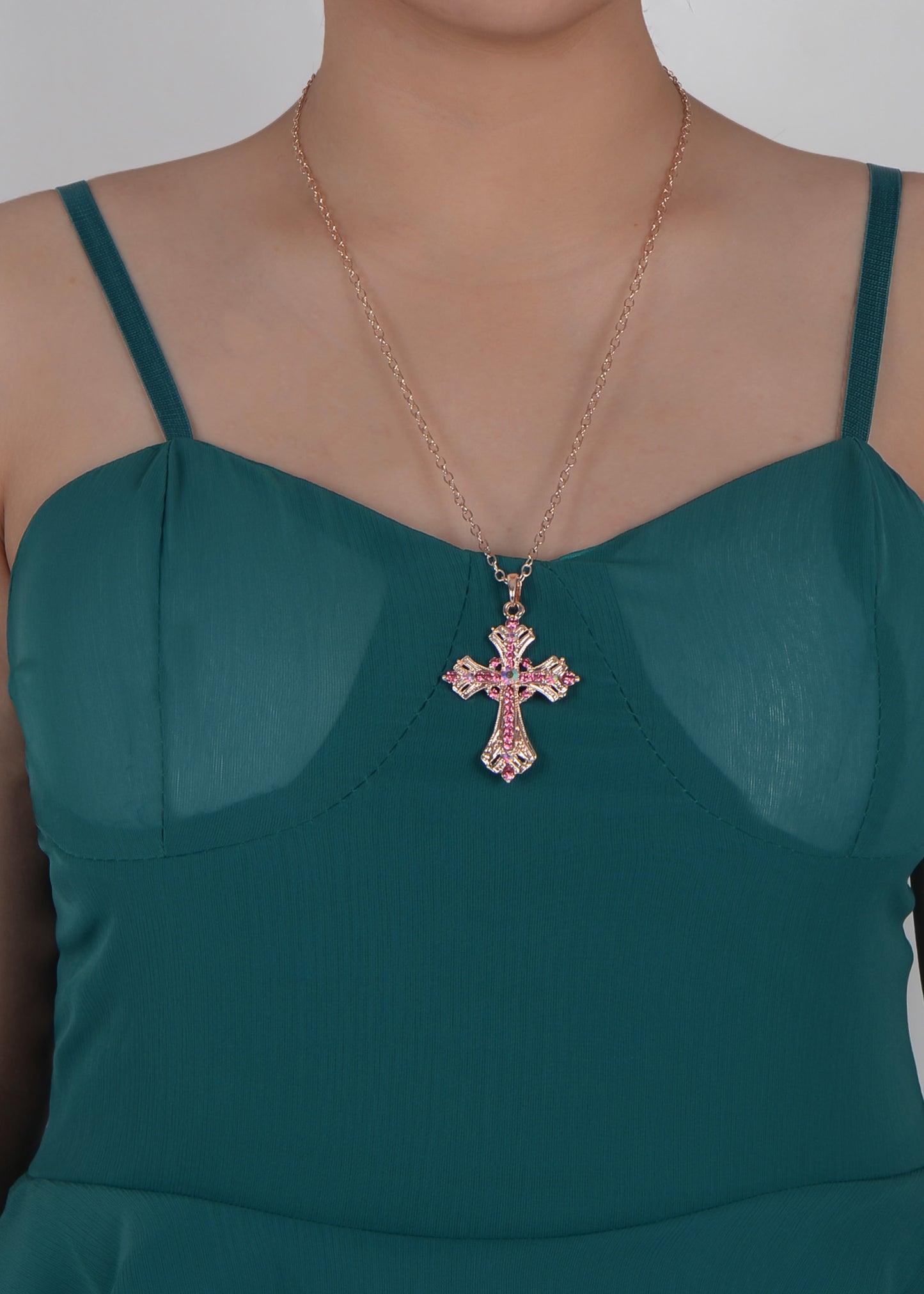 Religious Cross Pendant Necklace Aquamarine