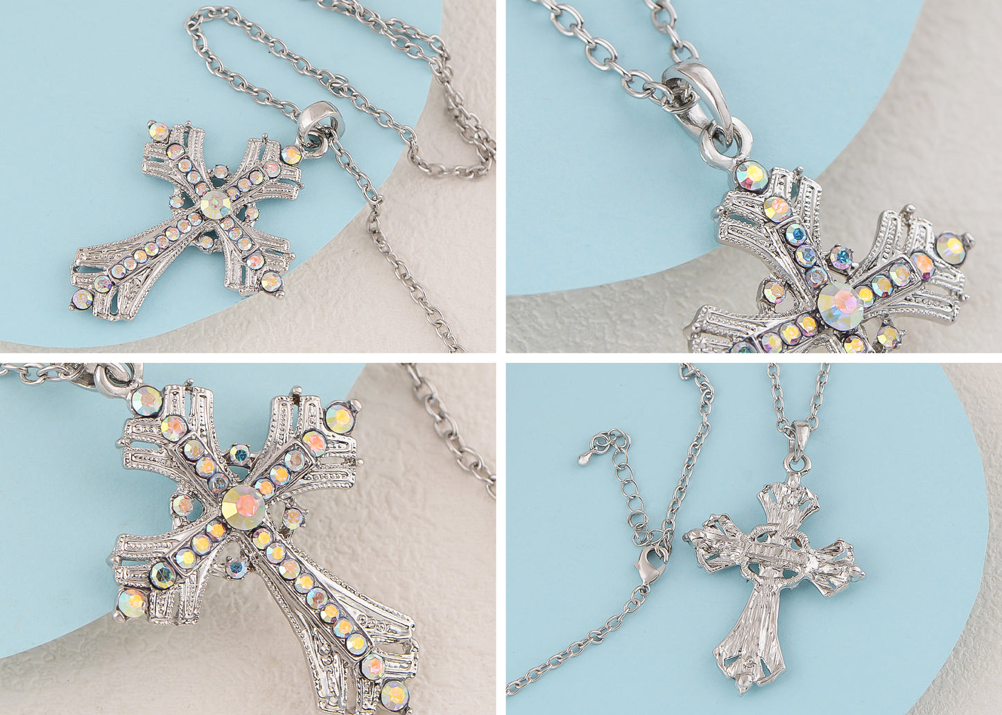 Religious Cross Pendant Necklace Aquamarine