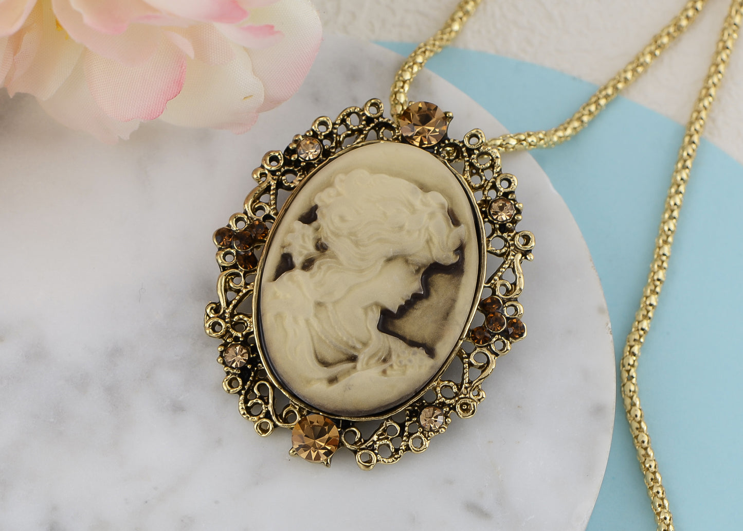 Gun Cameo Lady Victorian Pendant Necklace