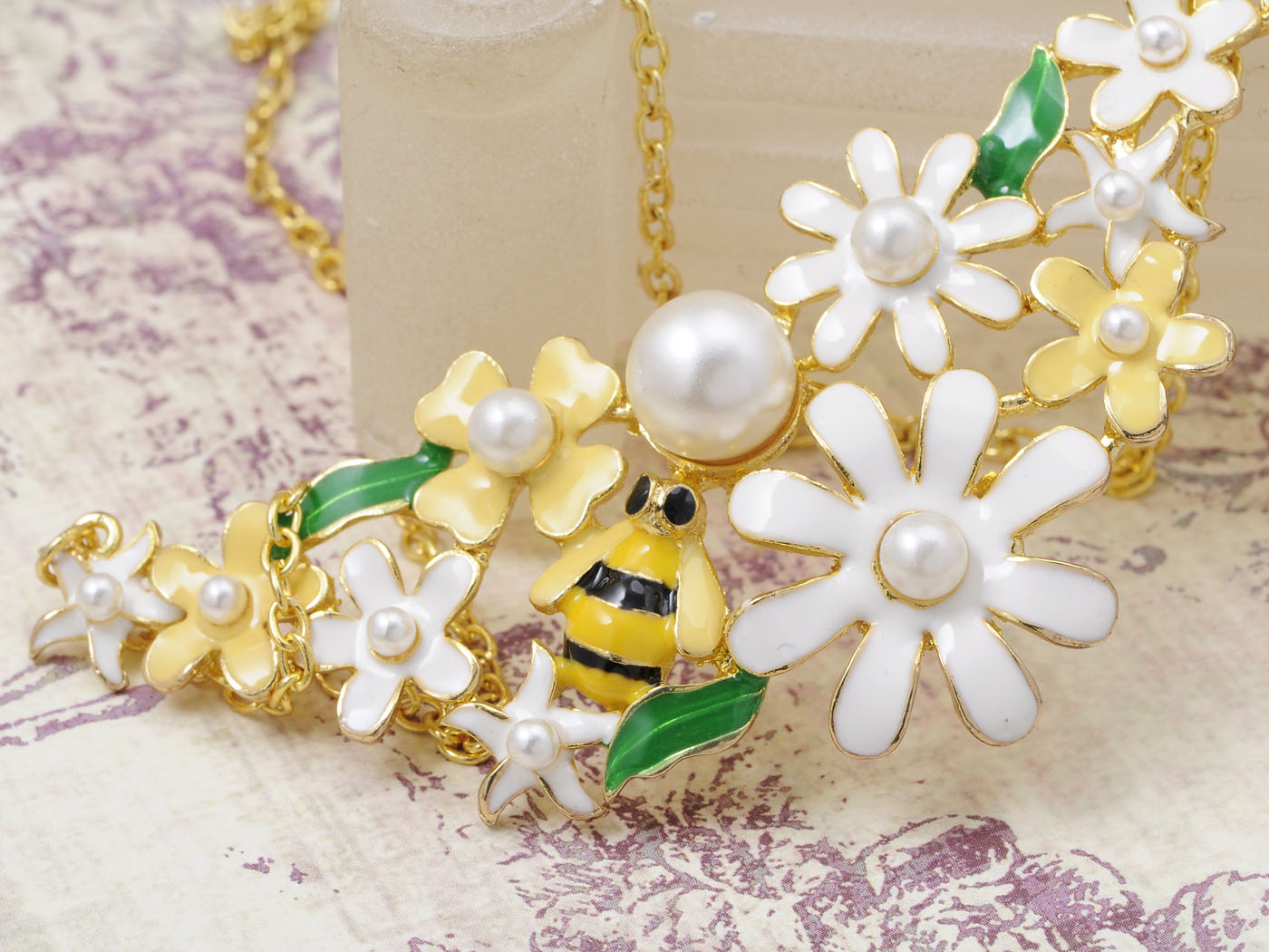 Enamel Flower And Butterfly Bib Statement Necklace Pearl