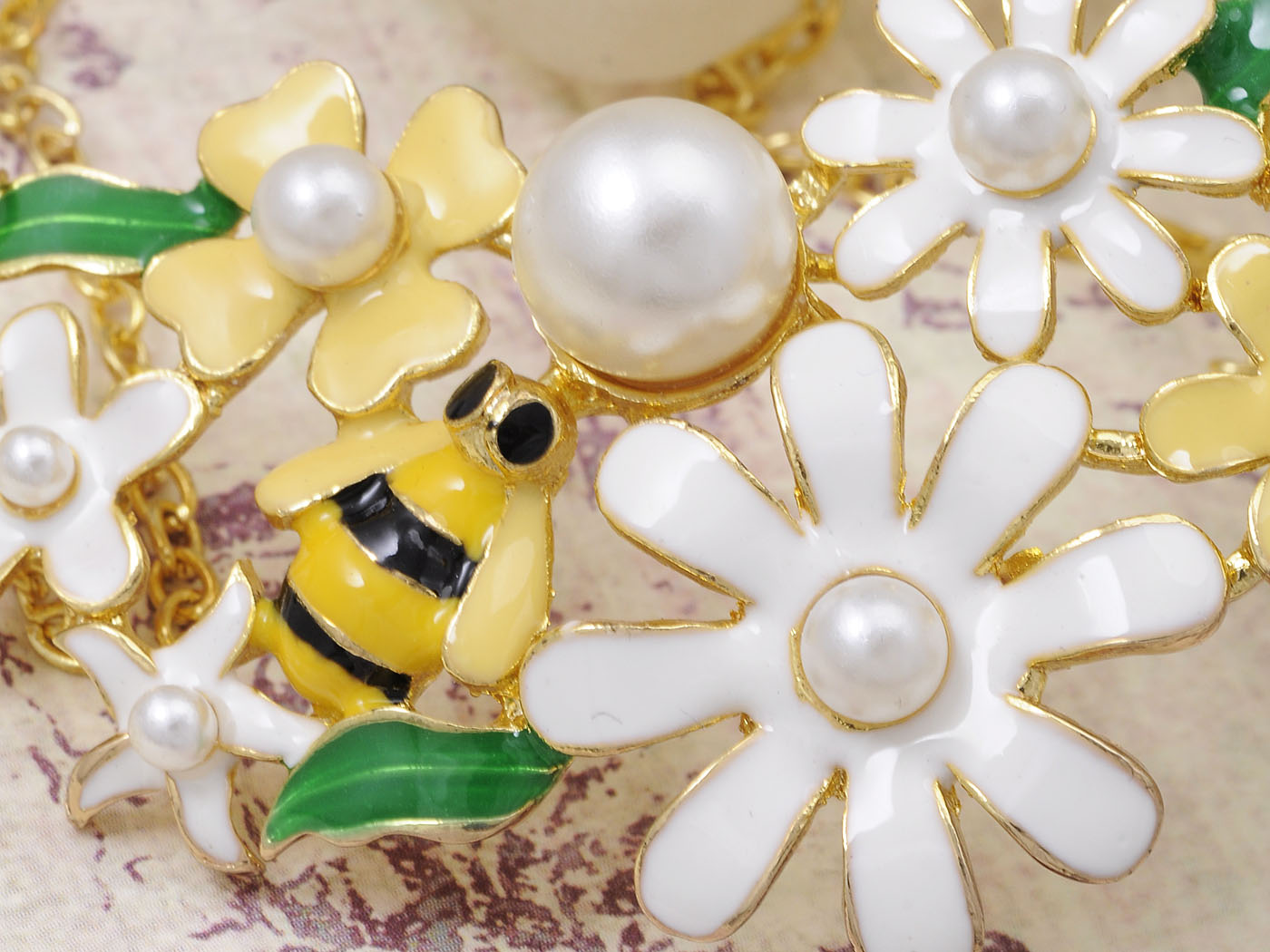 Enamel Flower And Butterfly Bib Statement Necklace Pearl