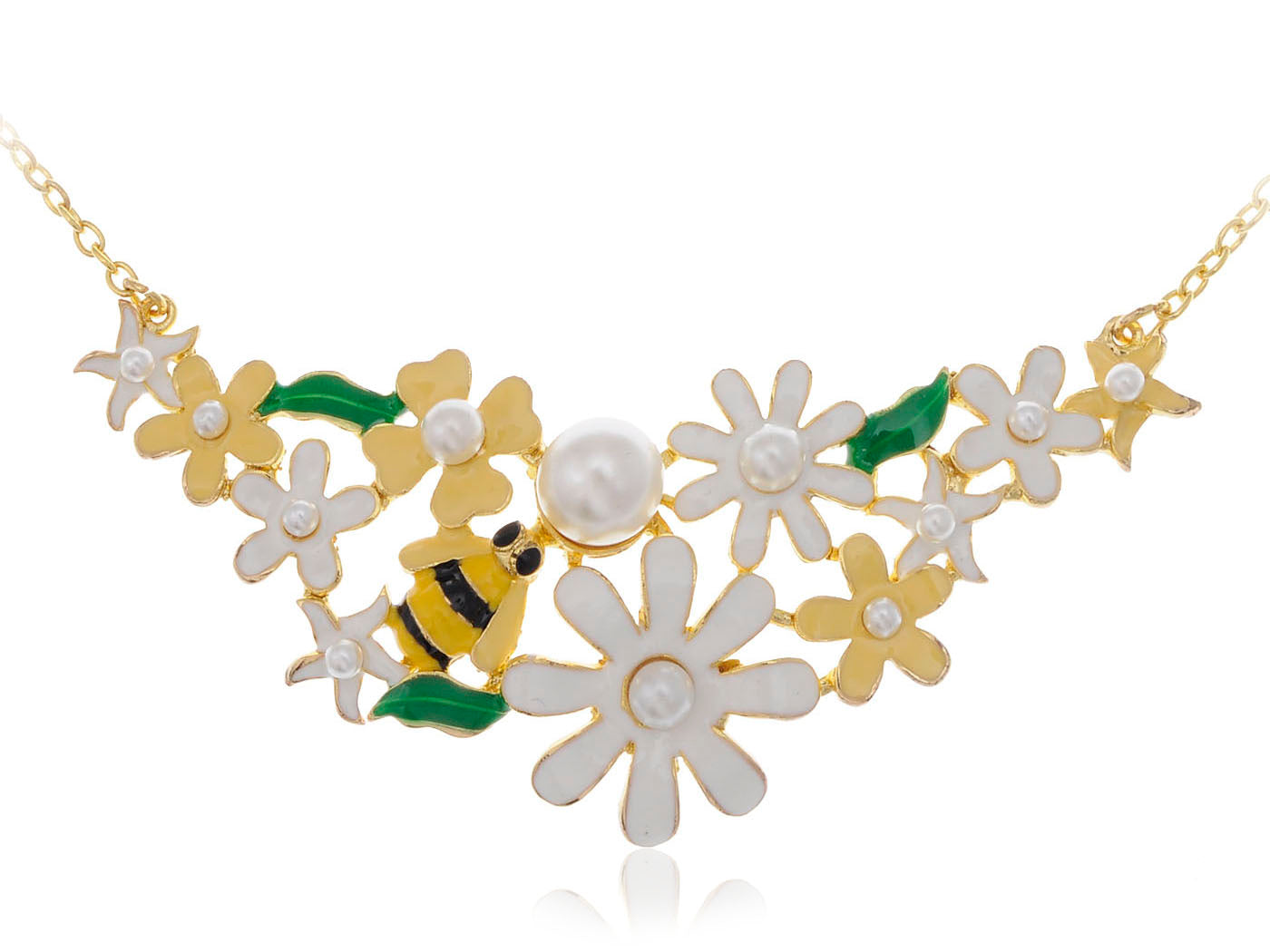 Enamel Flower And Butterfly Bib Statement Necklace Pearl