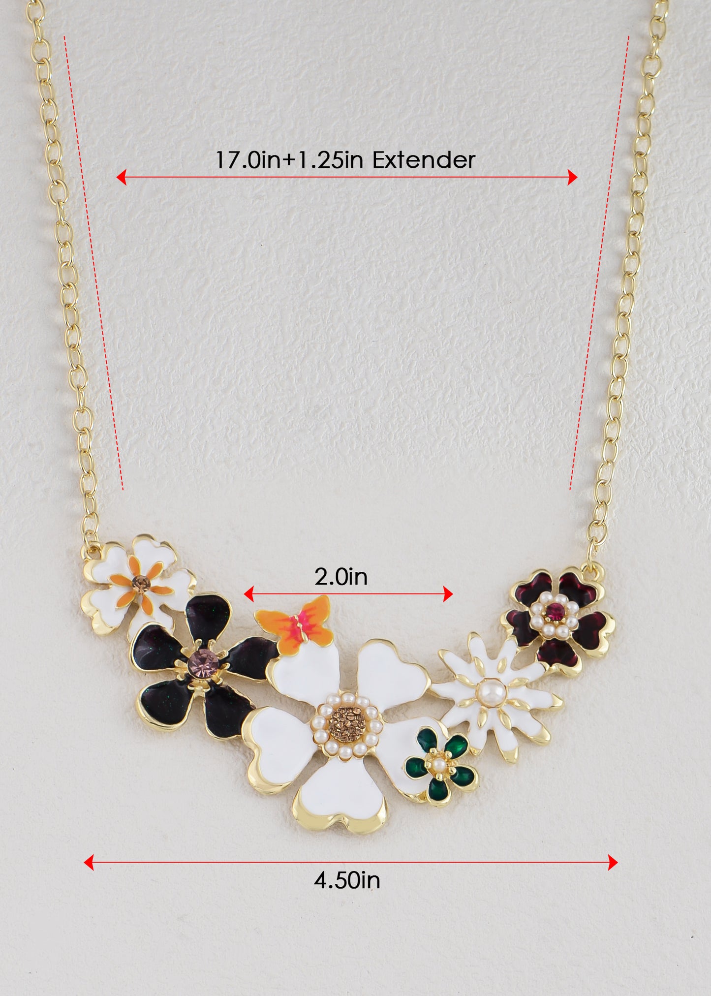 Enamel Flower And Butterfly Bib Statement Necklace Pearl