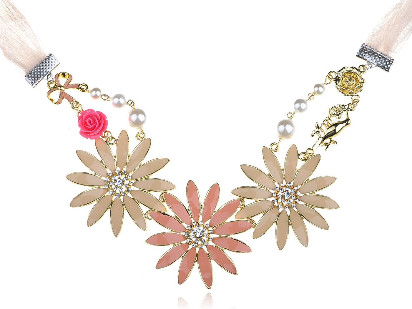 Enamel Flower And Butterfly Bib Statement Necklace Pearl