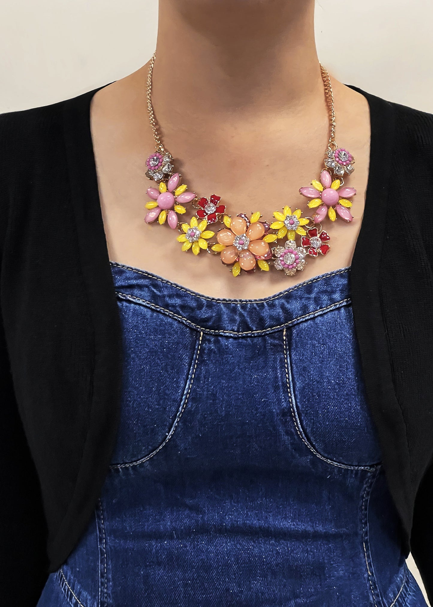 Pearl Floral Pink Multicolor Enamel Flower Bib Statement Necklace