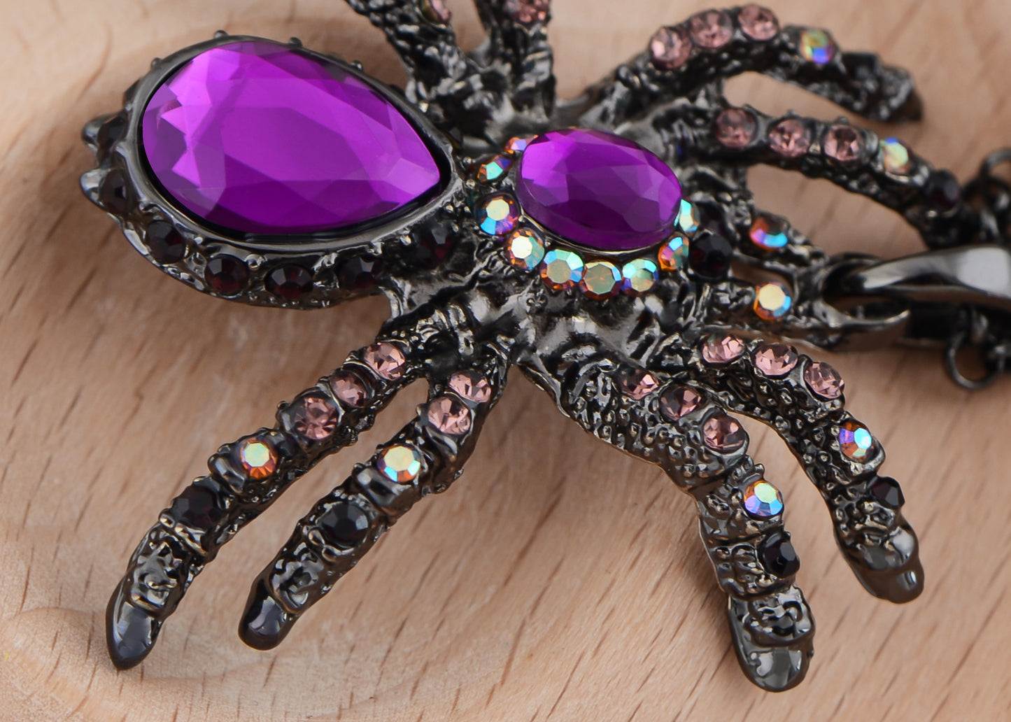 Hematite Czech Spider Pendant Necklace Black Purple Gun