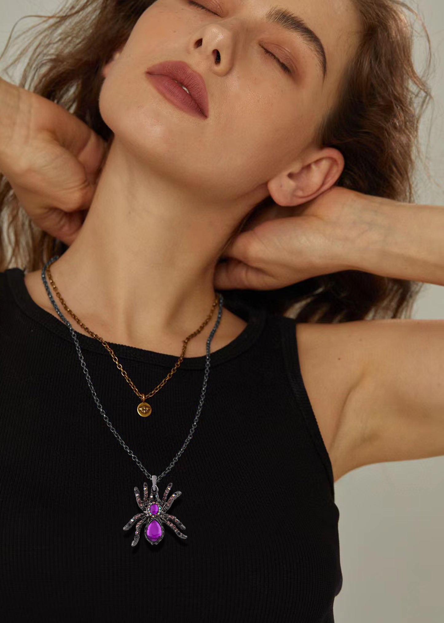 Hematite Czech Spider Pendant Necklace Black Purple Gun