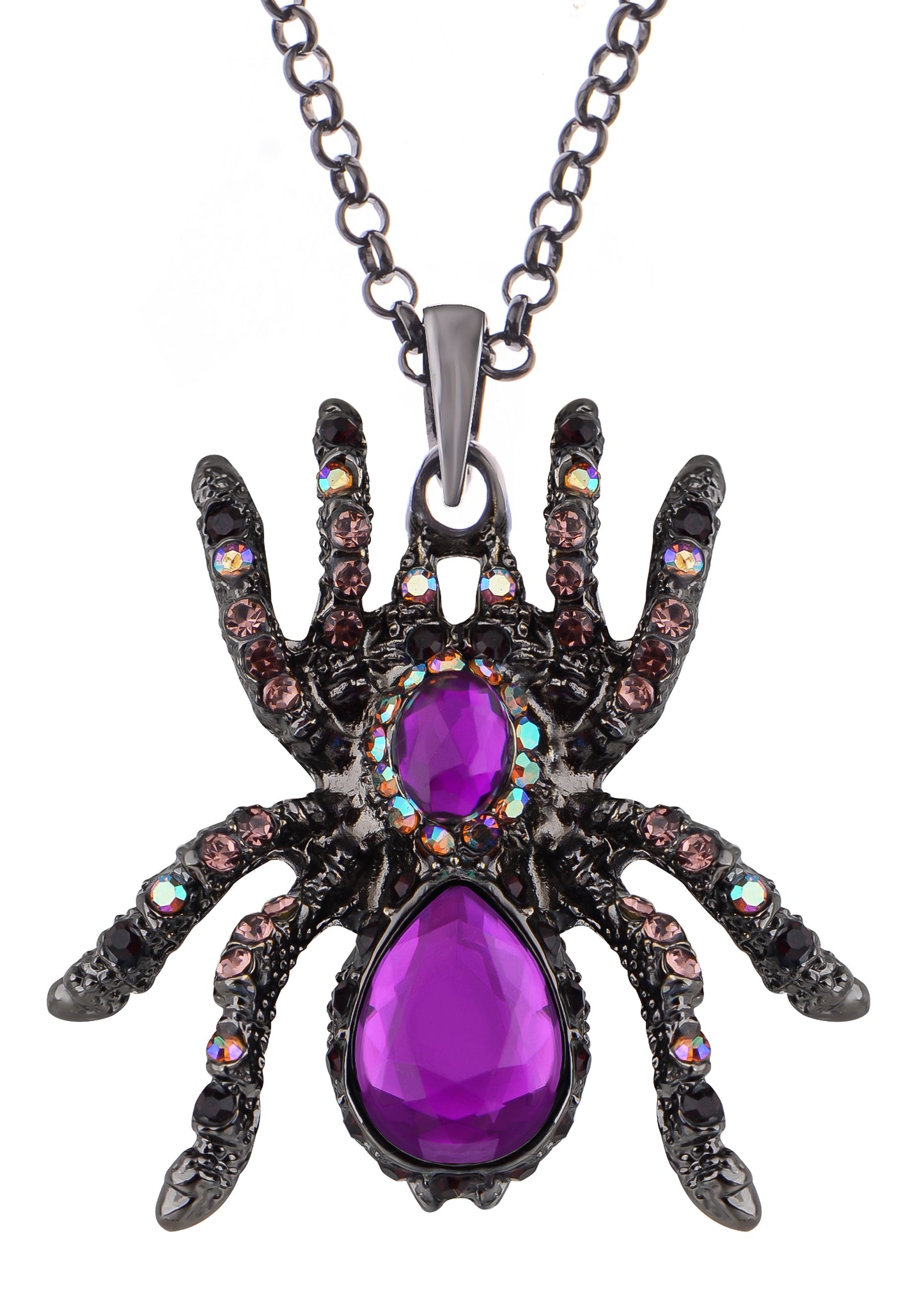 Hematite Czech Spider Pendant Necklace Black Purple Gun