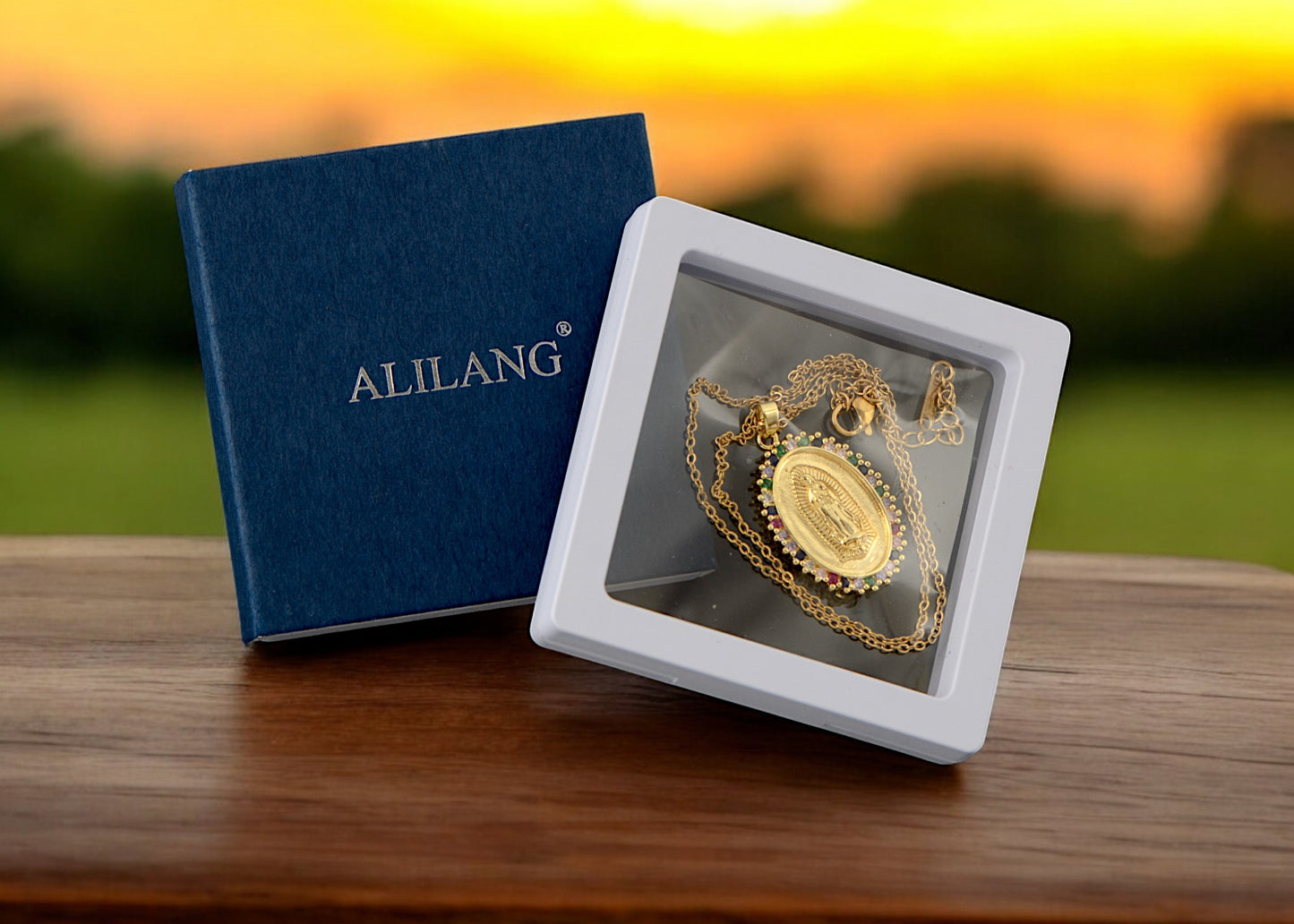 Alilang 18K Gold Plated Crystal Rhinestone Virgin Mary Catholic Necklace - Our Lady of Guadalupe Medal Pendant - Christian Jewelry for Women and Men