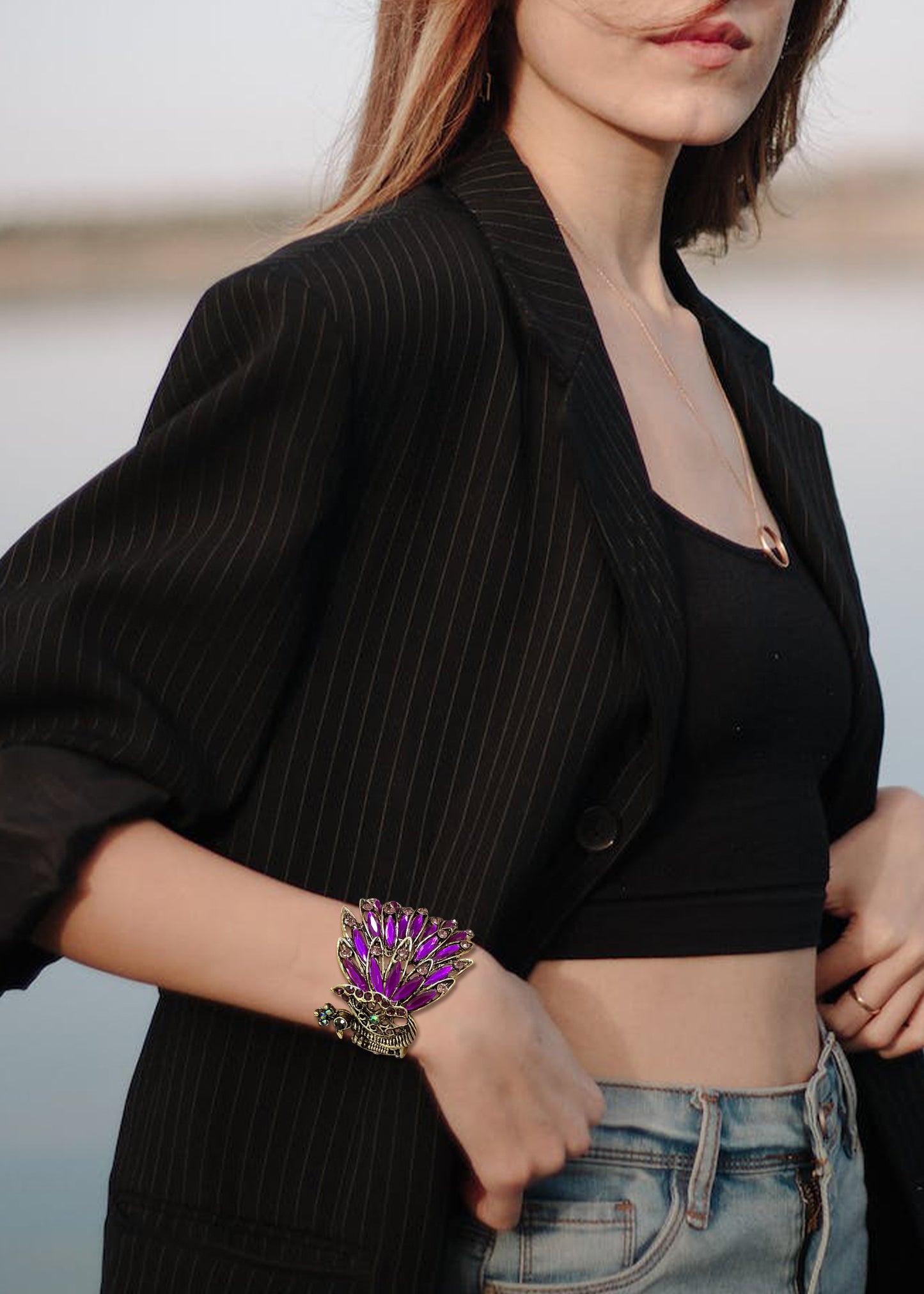 Vintage Peacock Bangle Bracelet With Turquoise Blue Gems