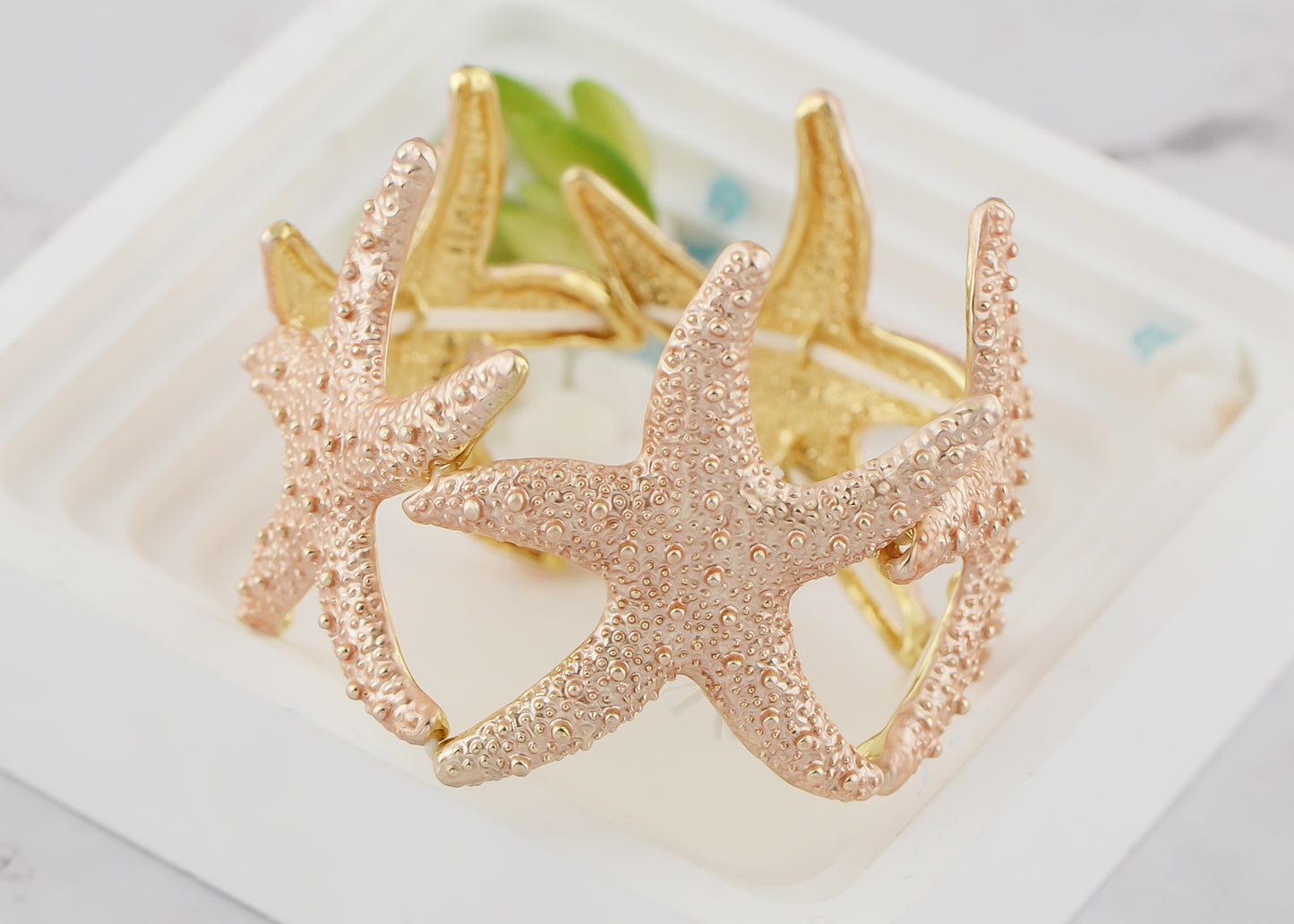 Gold Textured Starfish Stretch Bangle Cuff Statement Bracelet