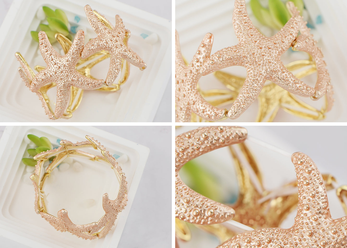 Gold Textured Starfish Stretch Bangle Cuff Statement Bracelet