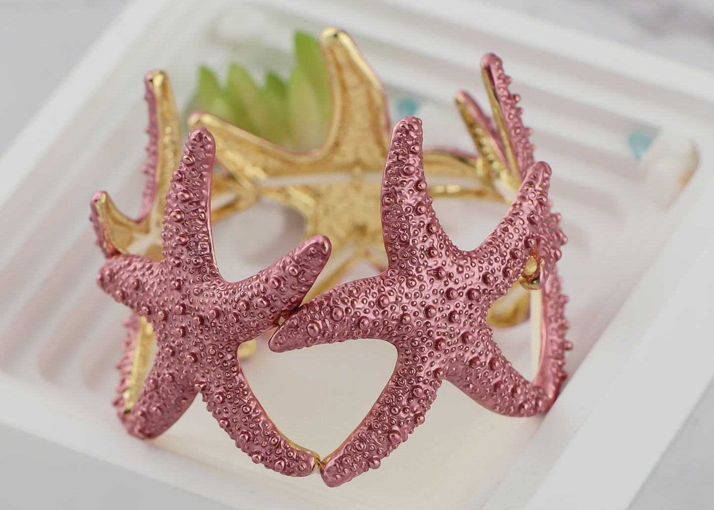 Gold Textured Starfish Stretch Bangle Cuff Statement Bracelet