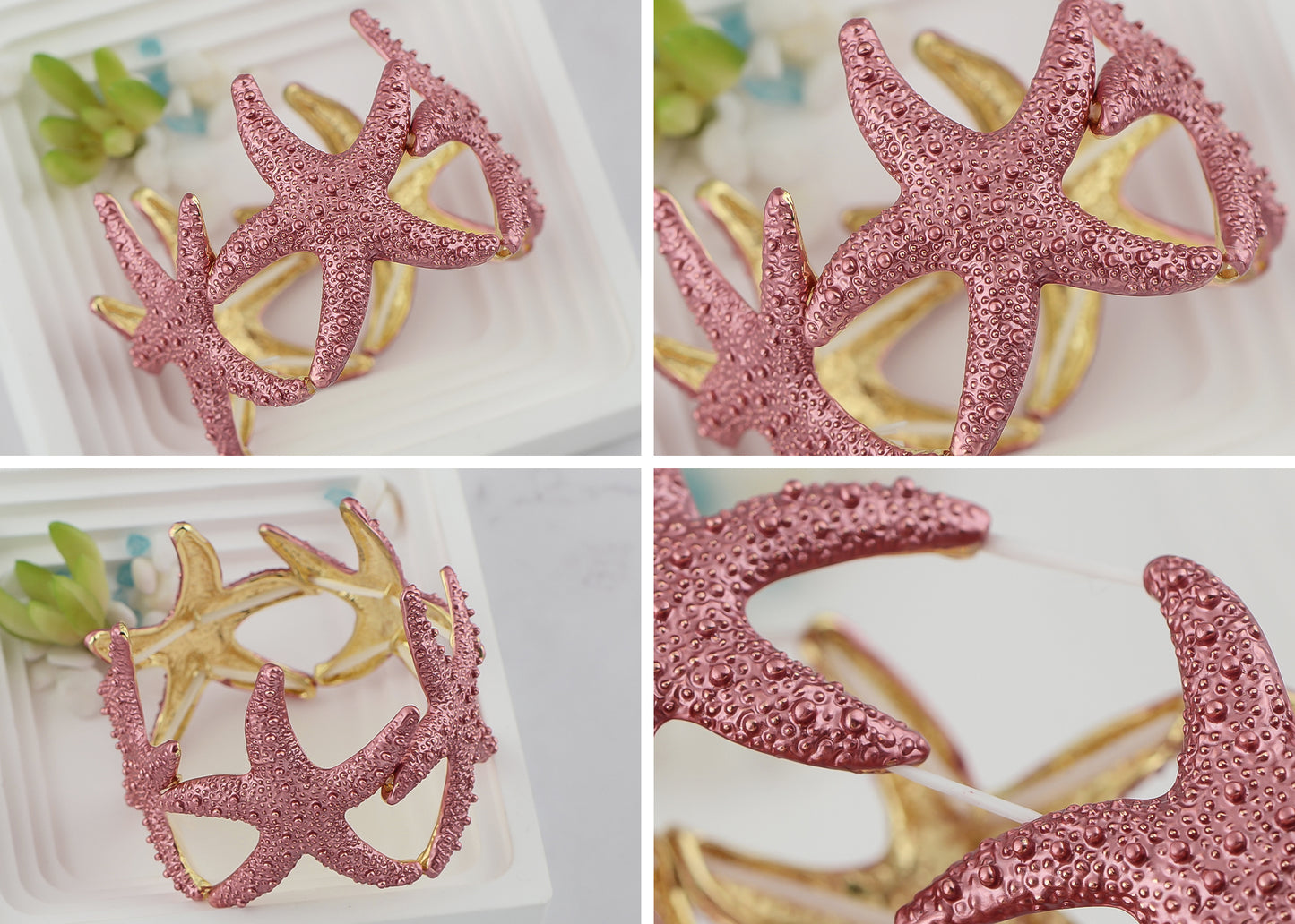 Gold Textured Starfish Stretch Bangle Cuff Statement Bracelet