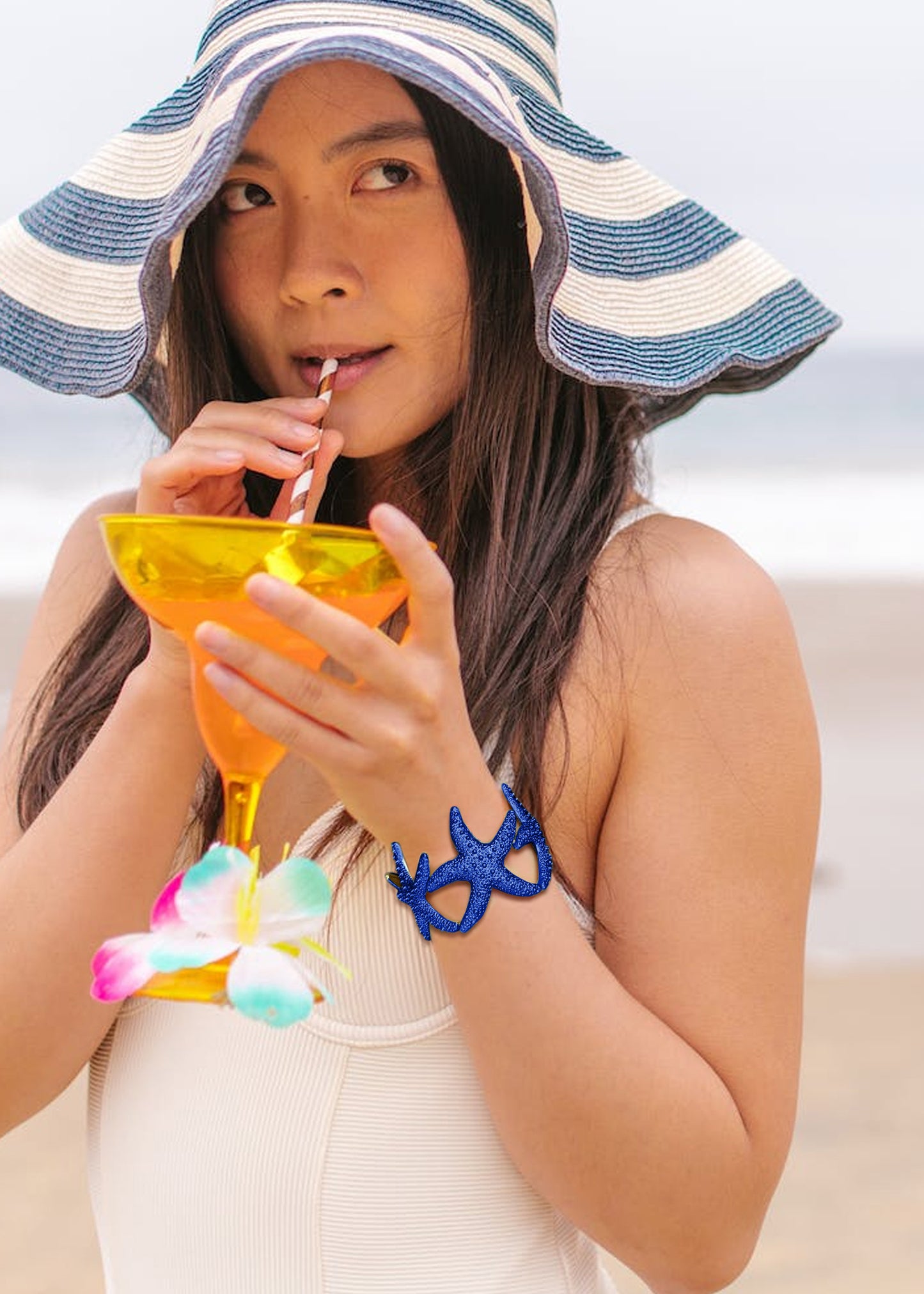 Gold Textured Starfish Stretch Bangle Cuff Statement Bracelet - ALILANG.COM