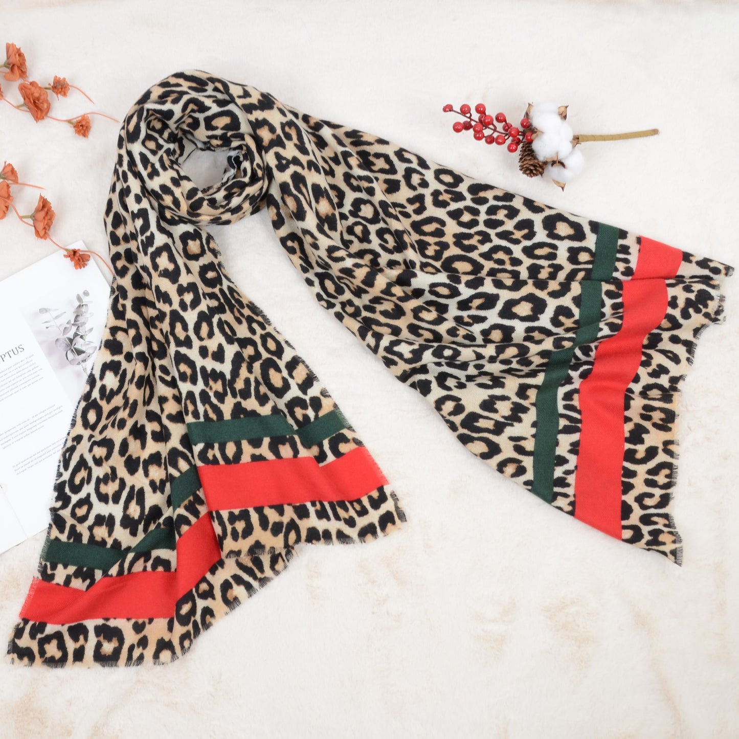Women's Classic Leopard Print Scarf Contrasting Stripes Lightweight Shawl Wrap Scarves - ALILANG.COM