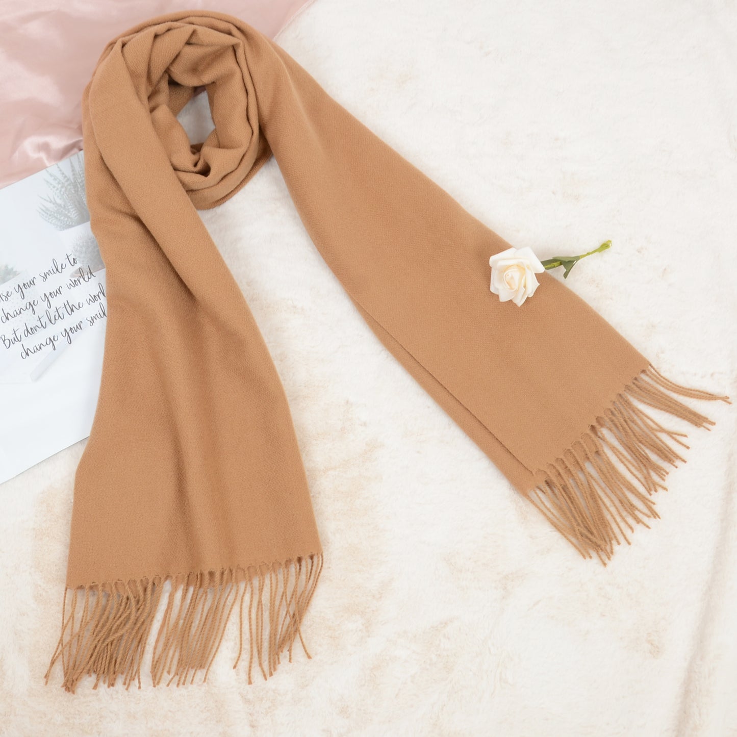 Women's Winter Cashmere Feel Scarf Solid Color Classic Fringe Shawls Wrap Scarves for Evening Dresses
