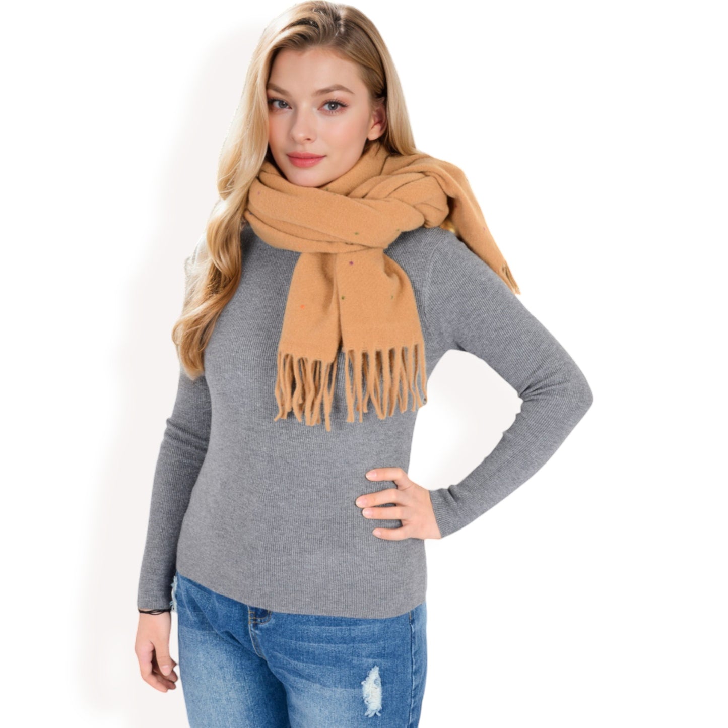 Women's Cashmere-Like Polka Dot Fringe Scarf with Soft Fabric and Lightweight Warmth