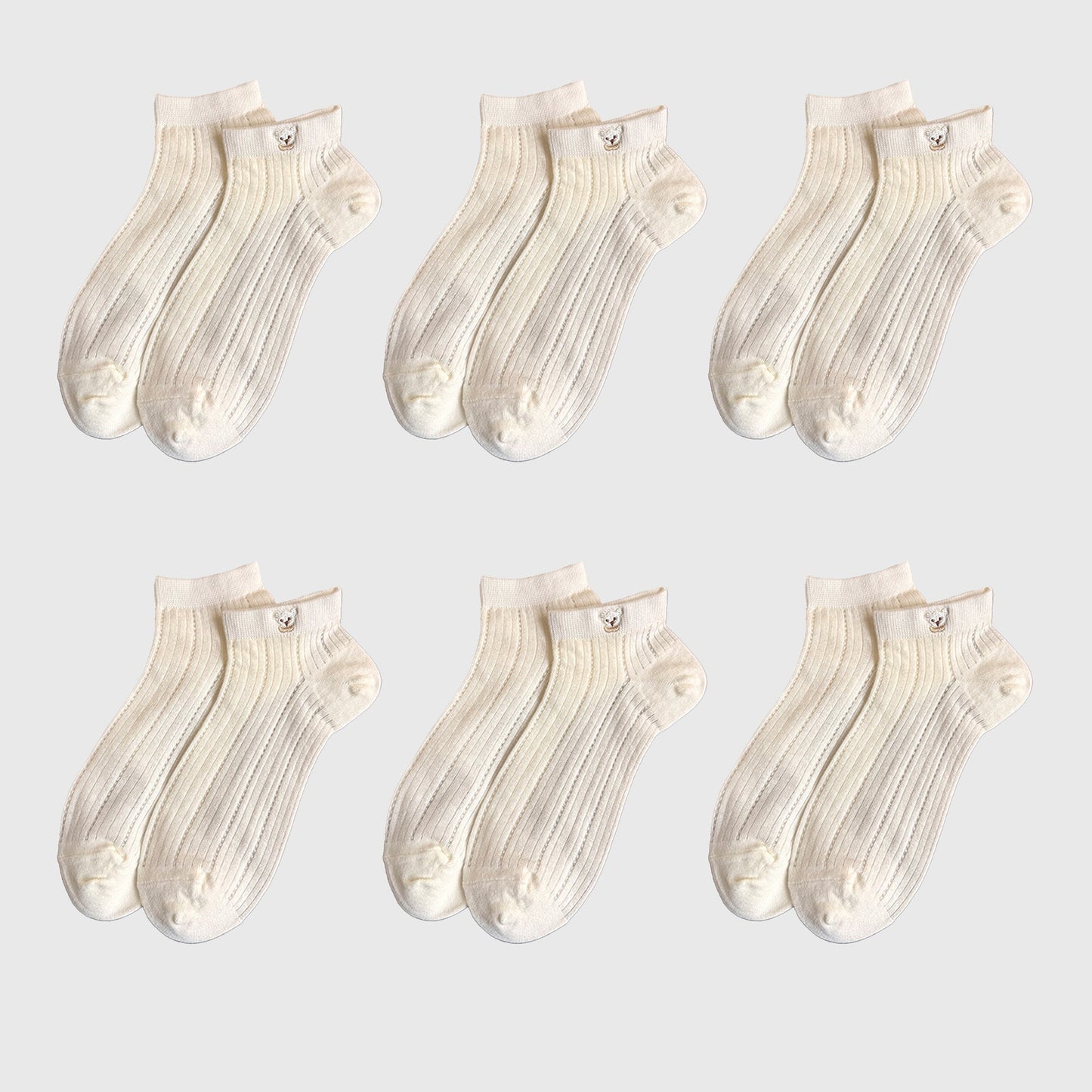 Anna-Kaci Cute Bear-Embroidered Striped Ankle Socks 6Pk