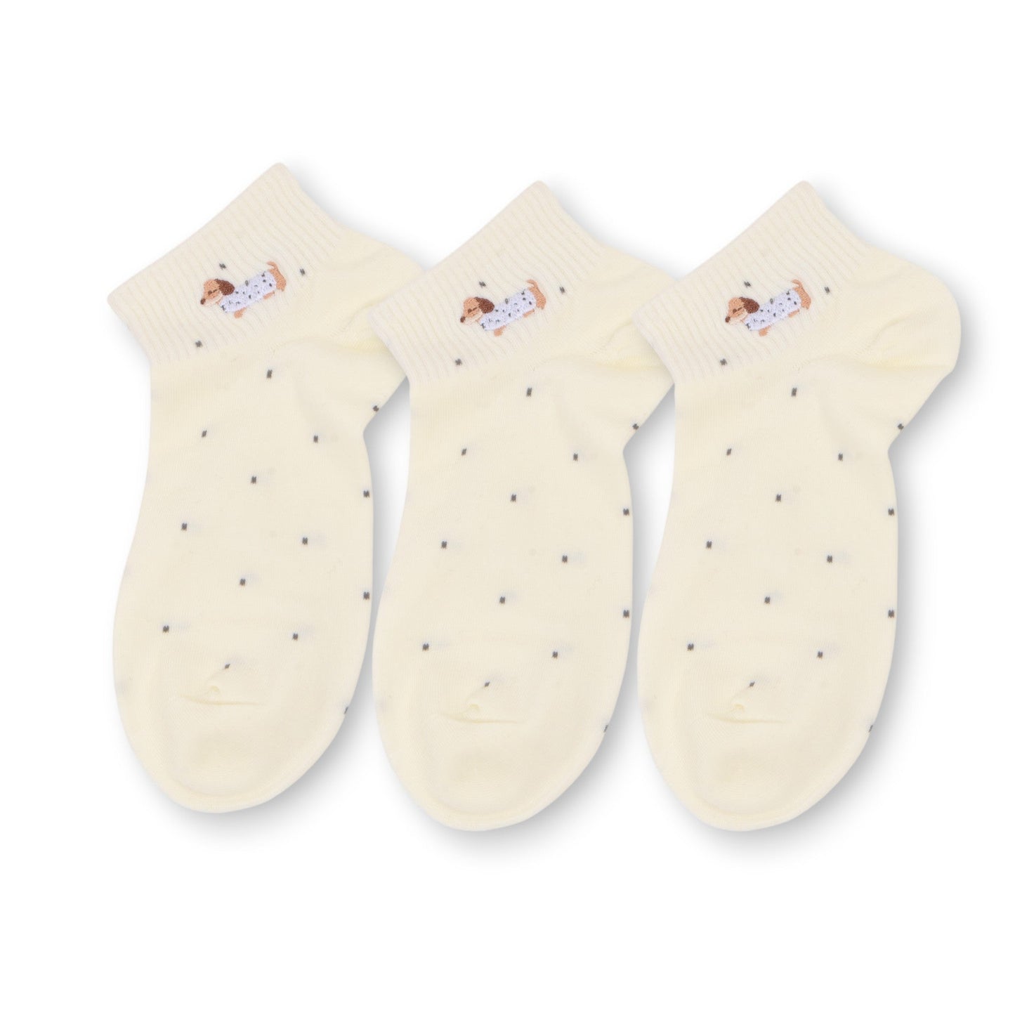 Anna-Kaci 3-Pack Women's Cotton Ankle Socks with Embroidered Dog and Dotted Knit Pattern