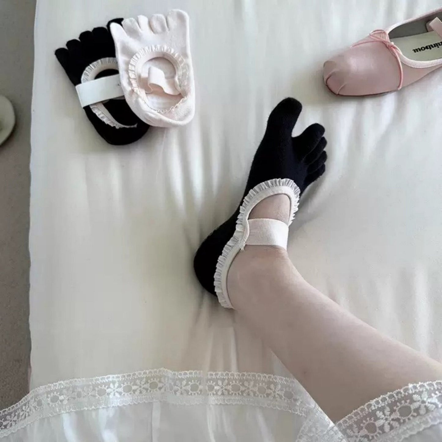 Anna-Kaci Women's 2-Pack Five-Toe Socks with Ruffle Trim and Ballet-Inspired Strap in Two Unique Styles