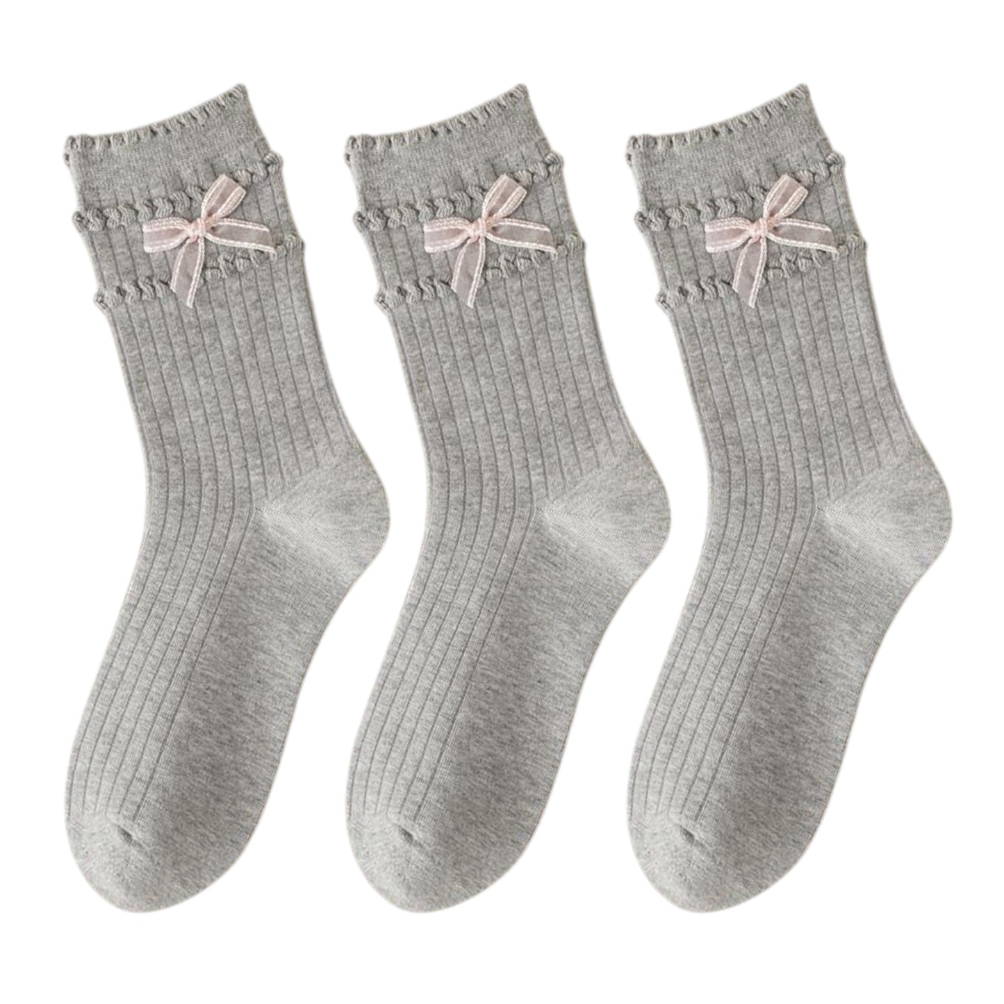 Anna-Kaci 3-Pack Women's Cotton Crew Socks with Ribbed Knit, Satin Bow Accen