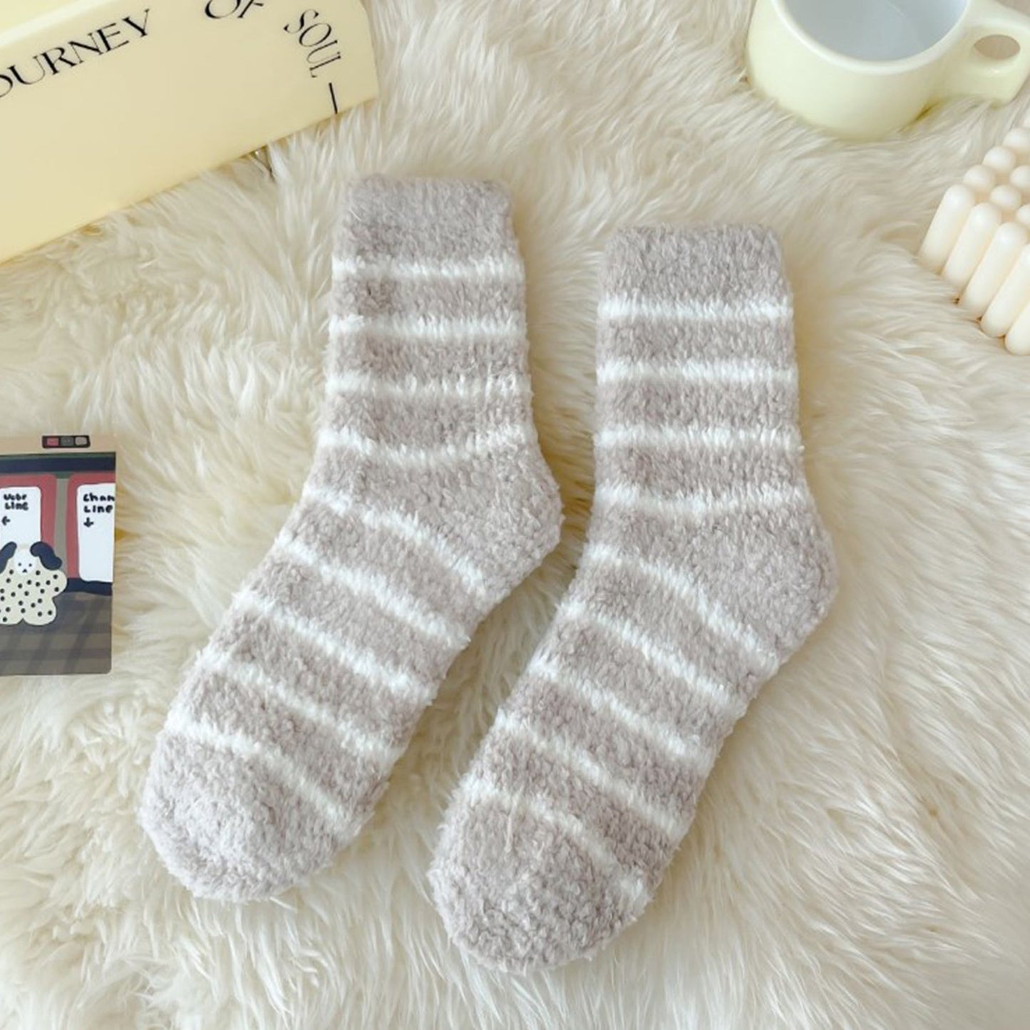 Anna-Kaci 3 Pairs Plush Crew Socks with Cozy Striped Design