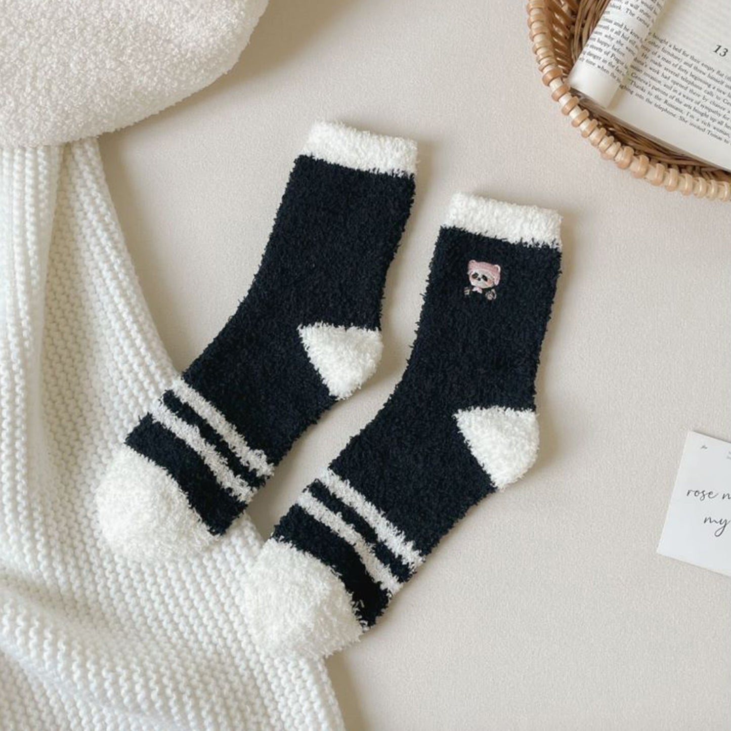 Anna-Kaci 3 Pairs Cozy Fluffy Crew Socks with Cute Panda Embroidery and Fun Pattern Designs