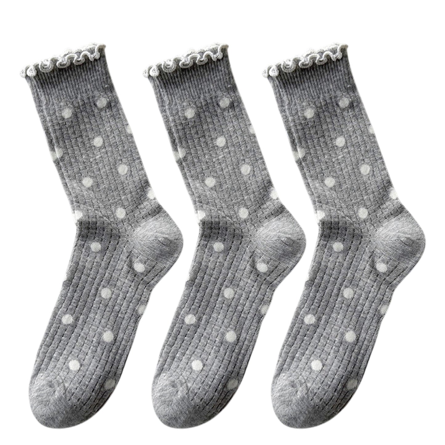 Anna-Kaci 3 Pairs Women's Mid-Calf Polka Dot Socks with Lettuce Edge Cuff
