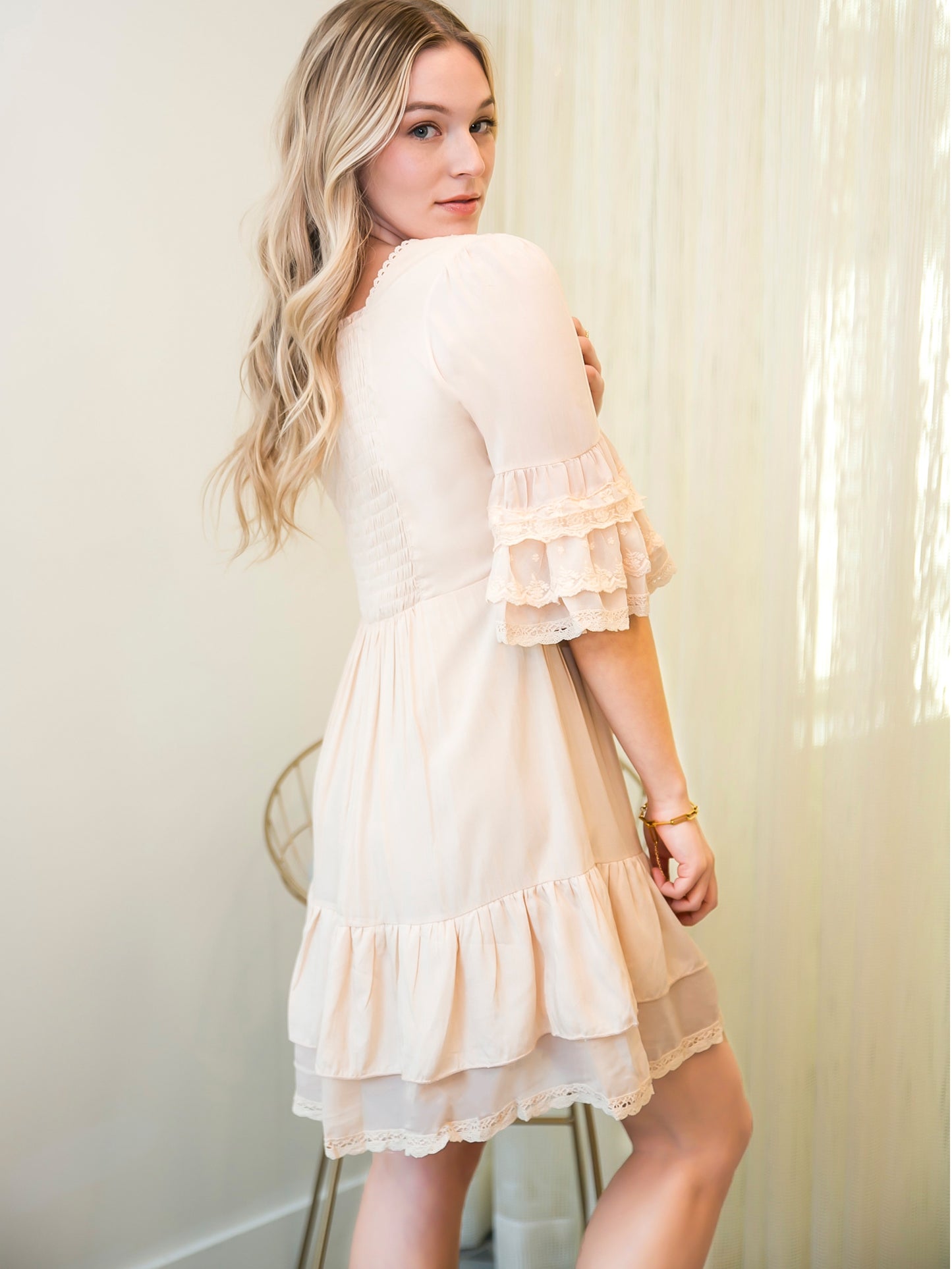 Boho Peasant Floral Lace Ruffle Hem Bell Sleeve Mini Dress