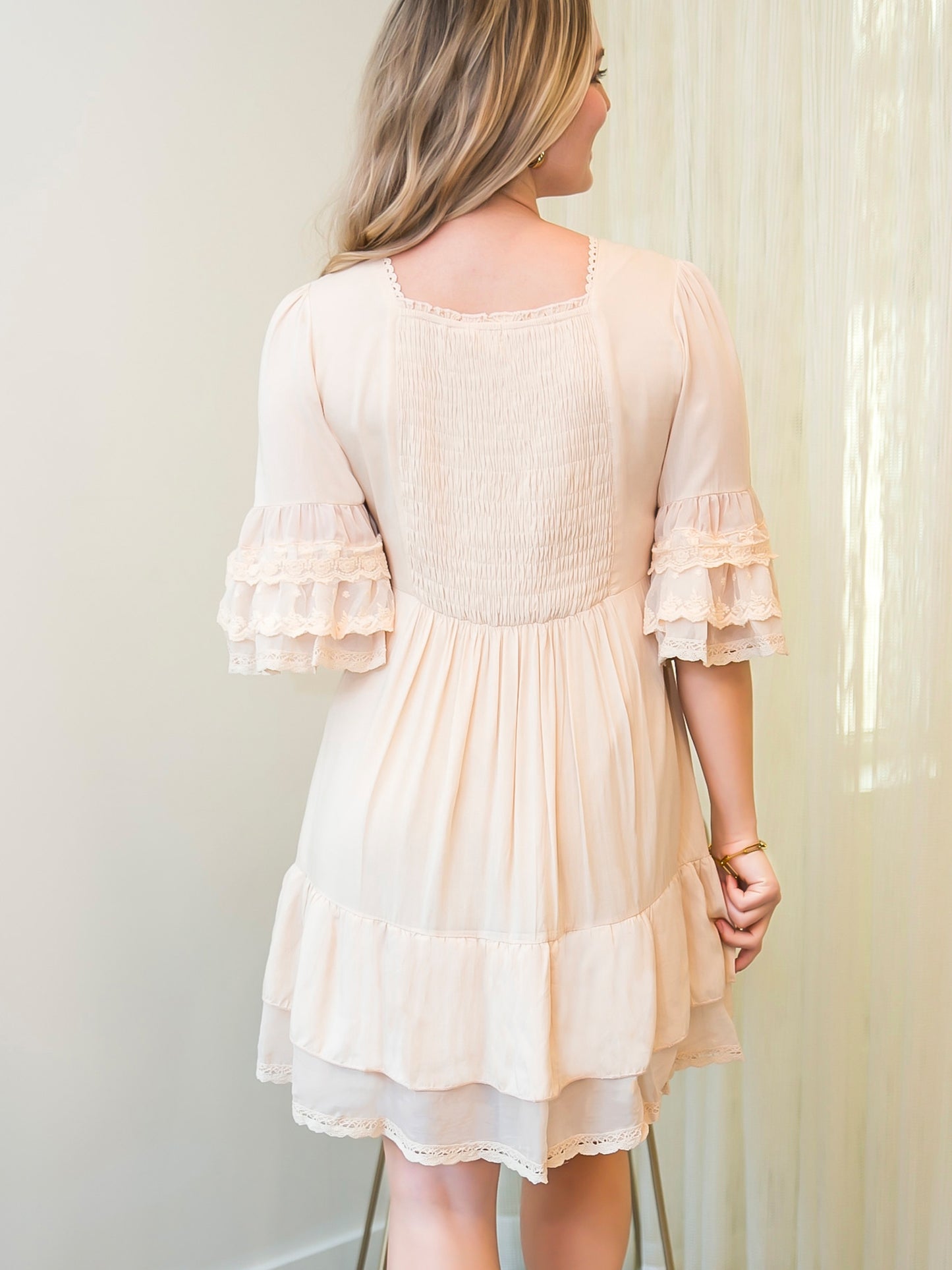 Boho Peasant Floral Lace Ruffle Hem Bell Sleeve Mini Dress