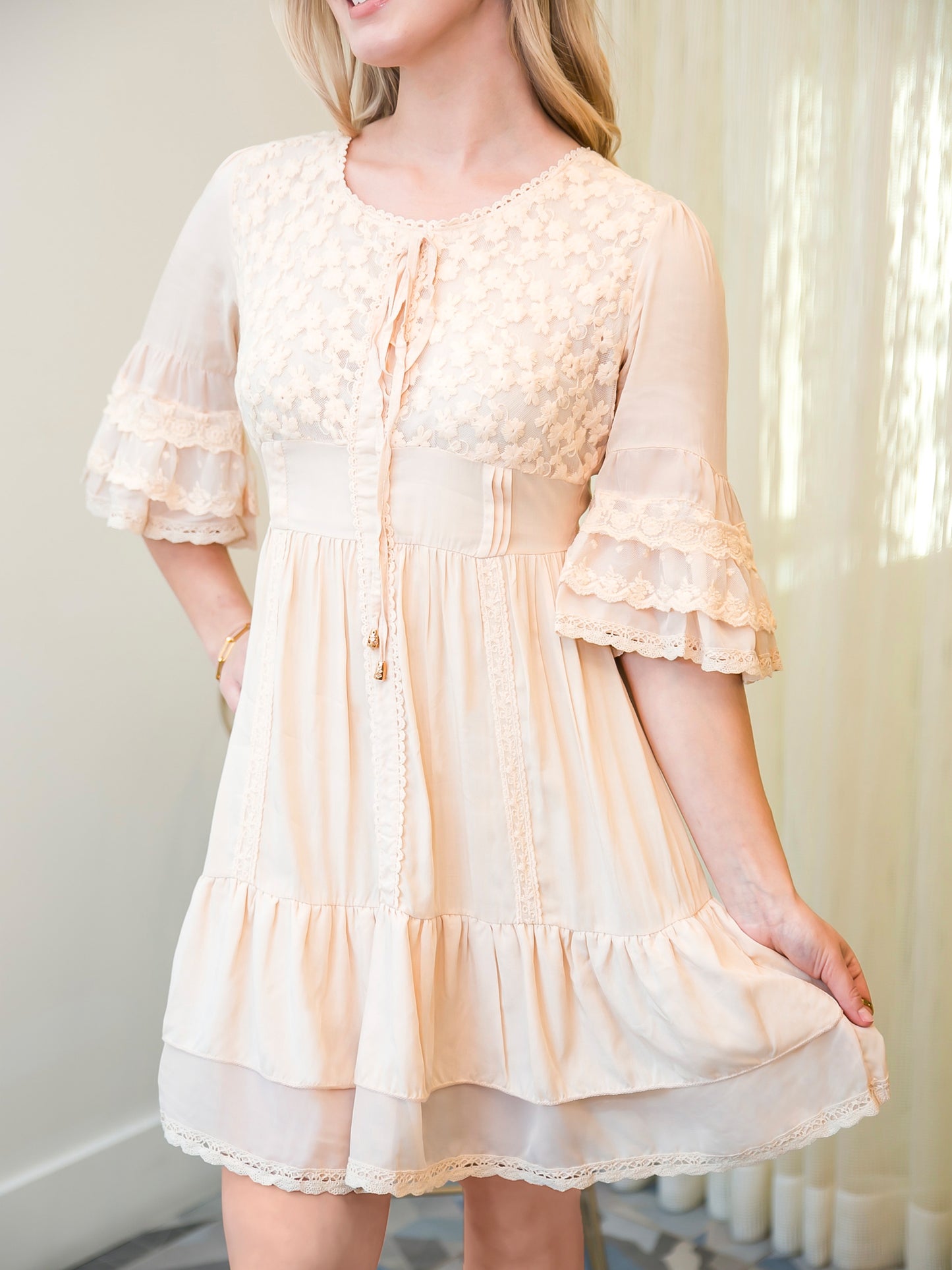 Boho Peasant Floral Lace Ruffle Hem Bell Sleeve Mini Dress