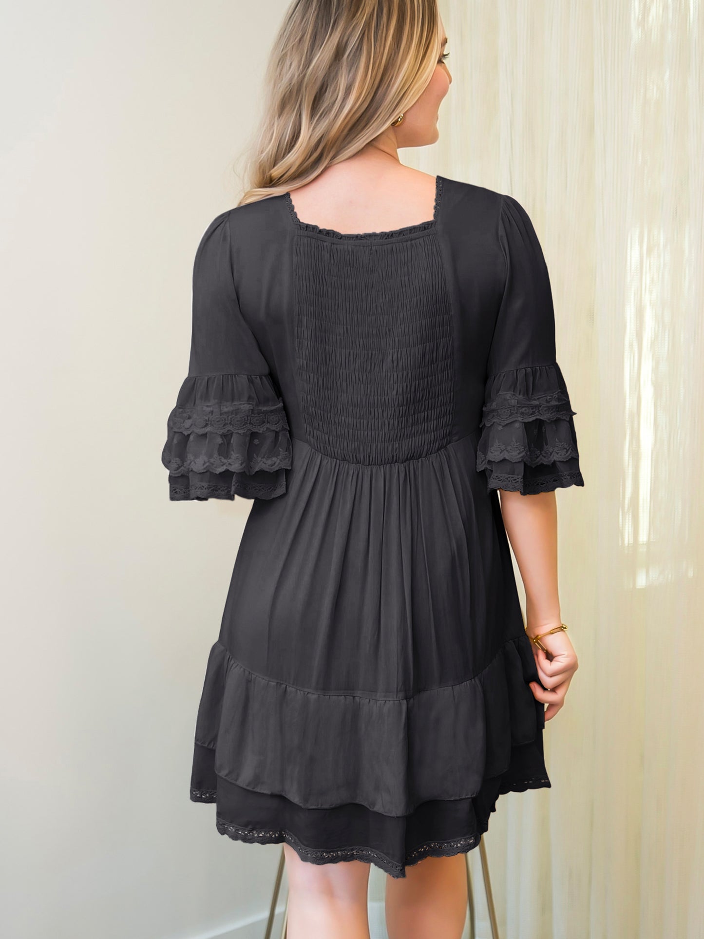 Boho Peasant Floral Lace Ruffle Hem Bell Sleeve Mini Dress