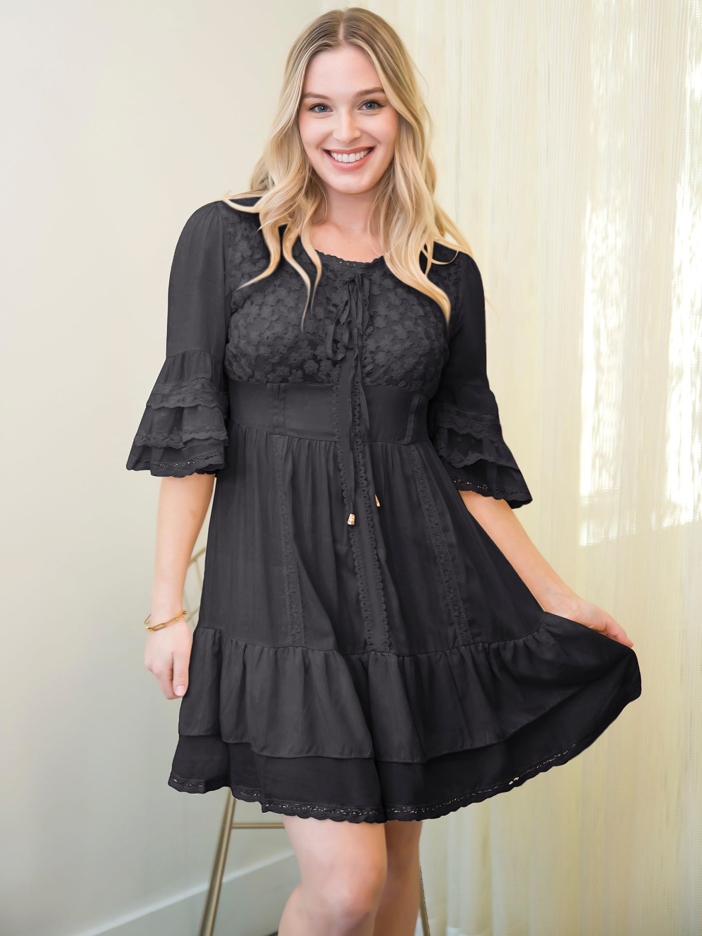 Boho Peasant Floral Lace Ruffle Hem Bell Sleeve Mini Dress