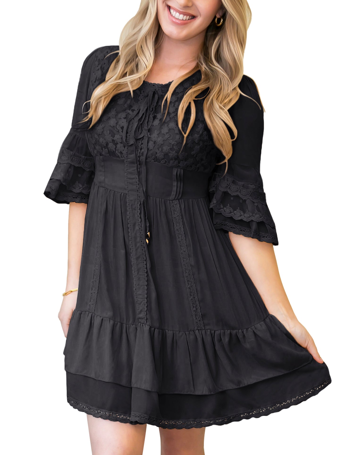 Boho Peasant Floral Lace Ruffle Hem Bell Sleeve Mini Dress